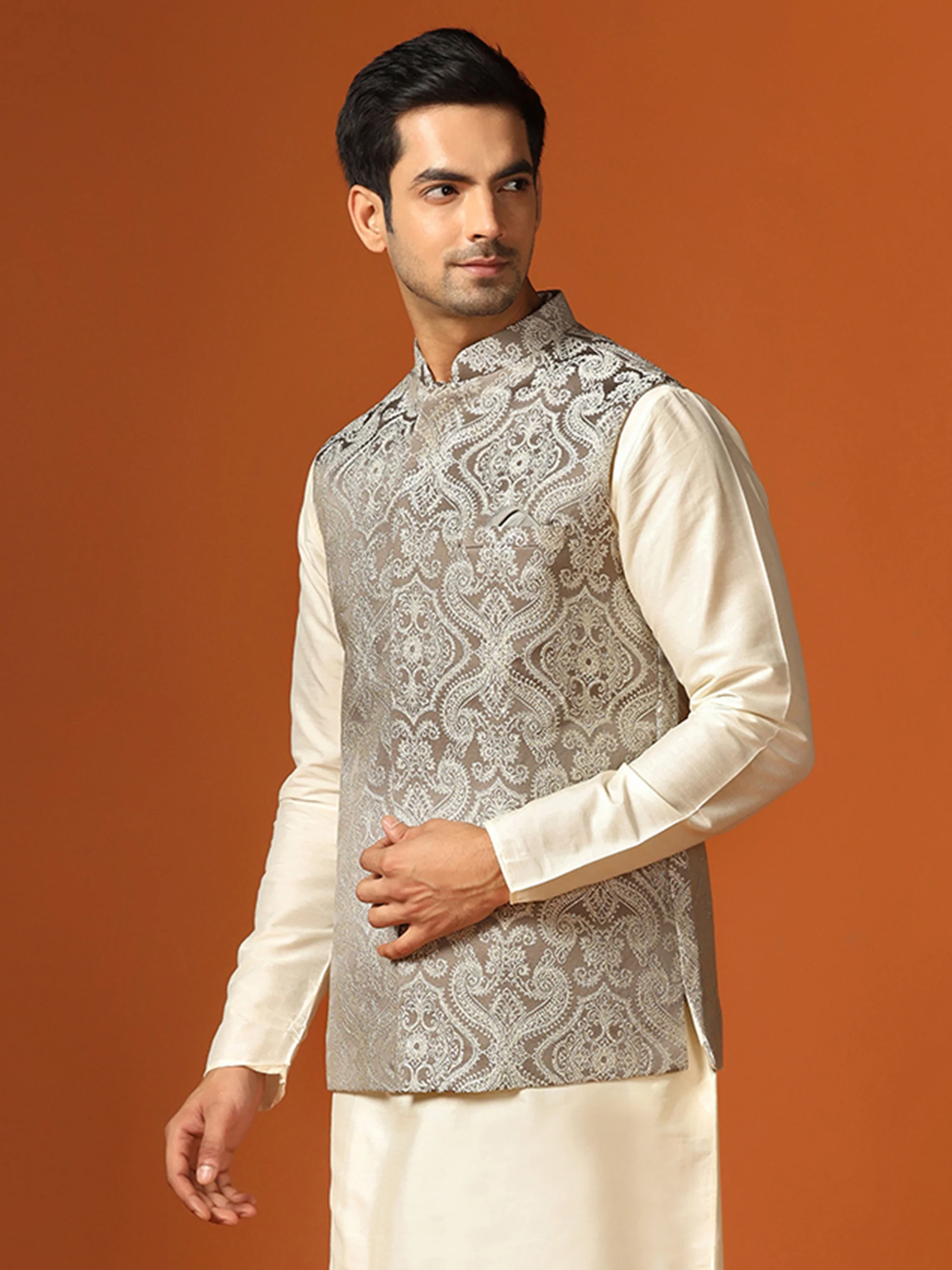 Grey Jacquard Woven Nehru Jacket - Image 4