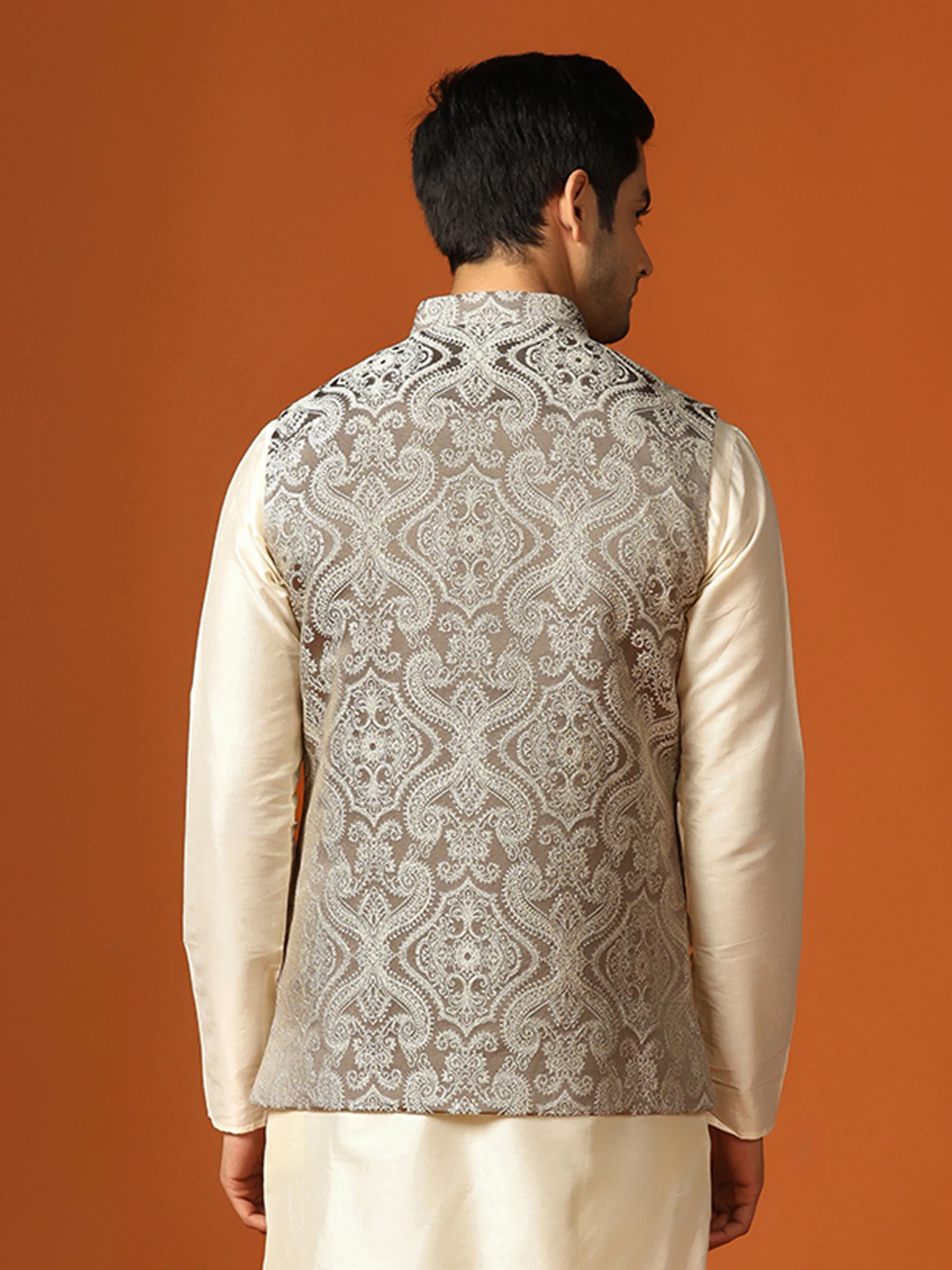 Grey Jacquard Woven Nehru Jacket - Image 5