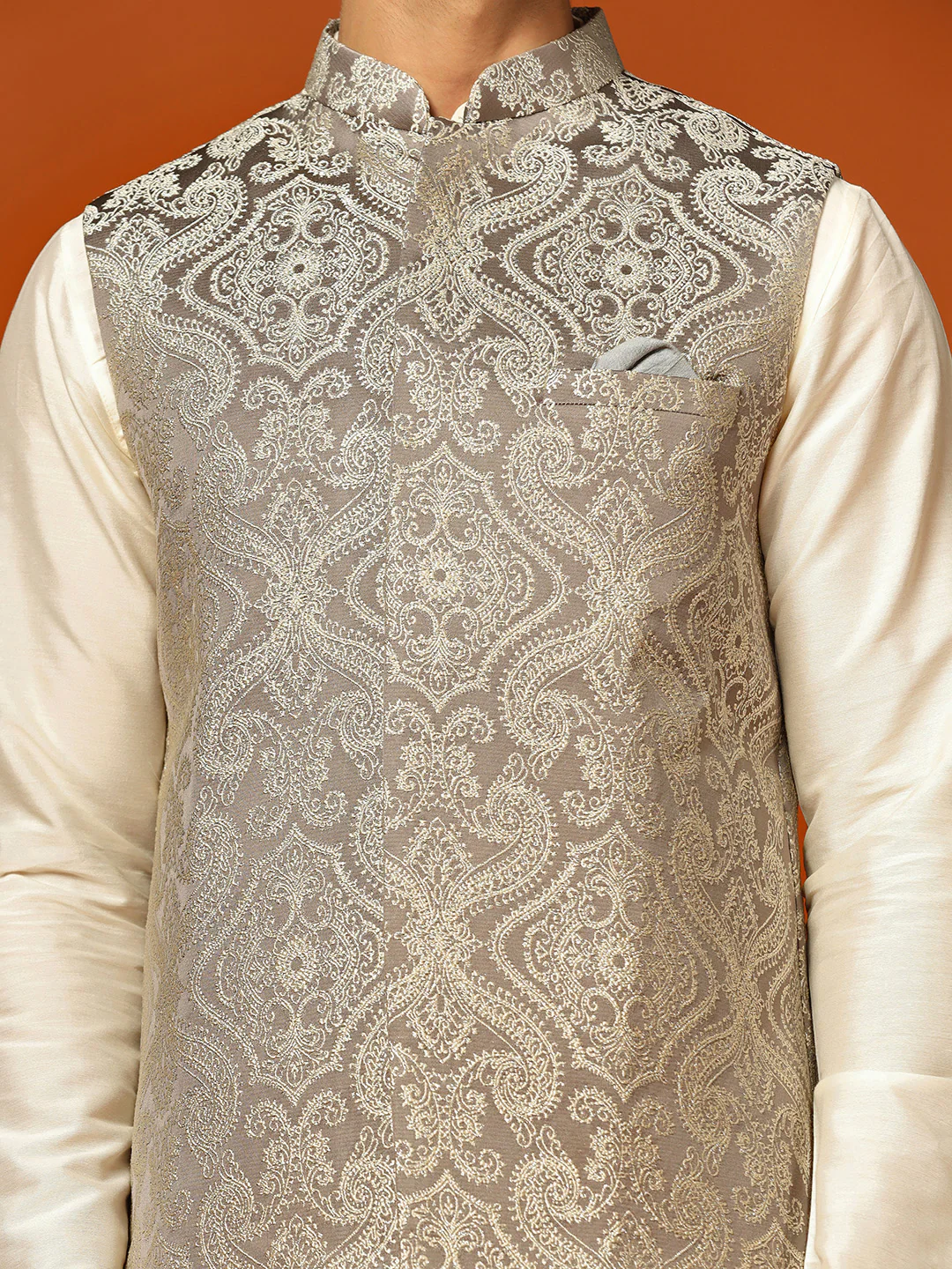 Grey Jacquard Woven Nehru Jacket - Image 6
