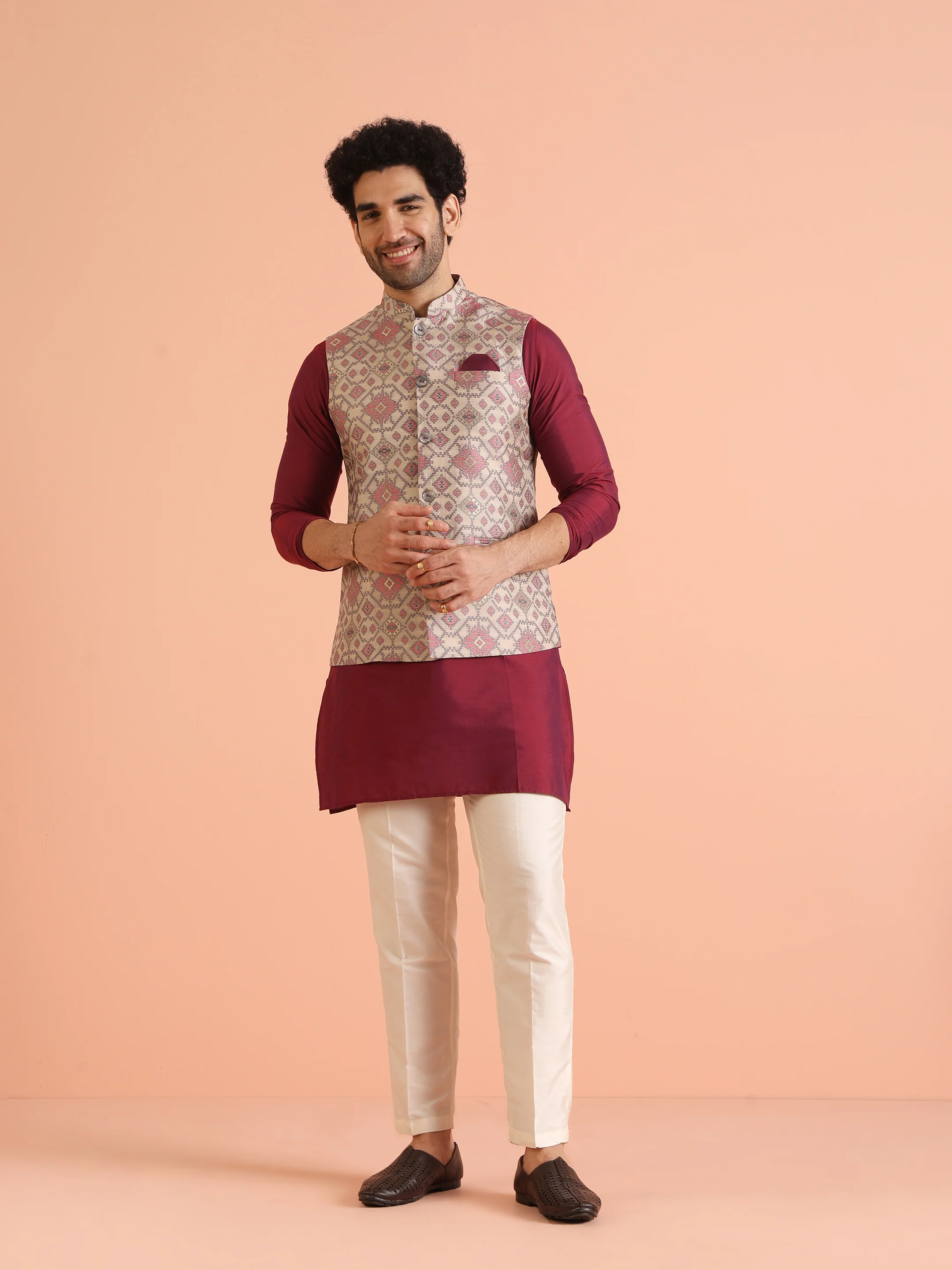 Men Grey Printed Geometric Kurta Jacket Trouser Set