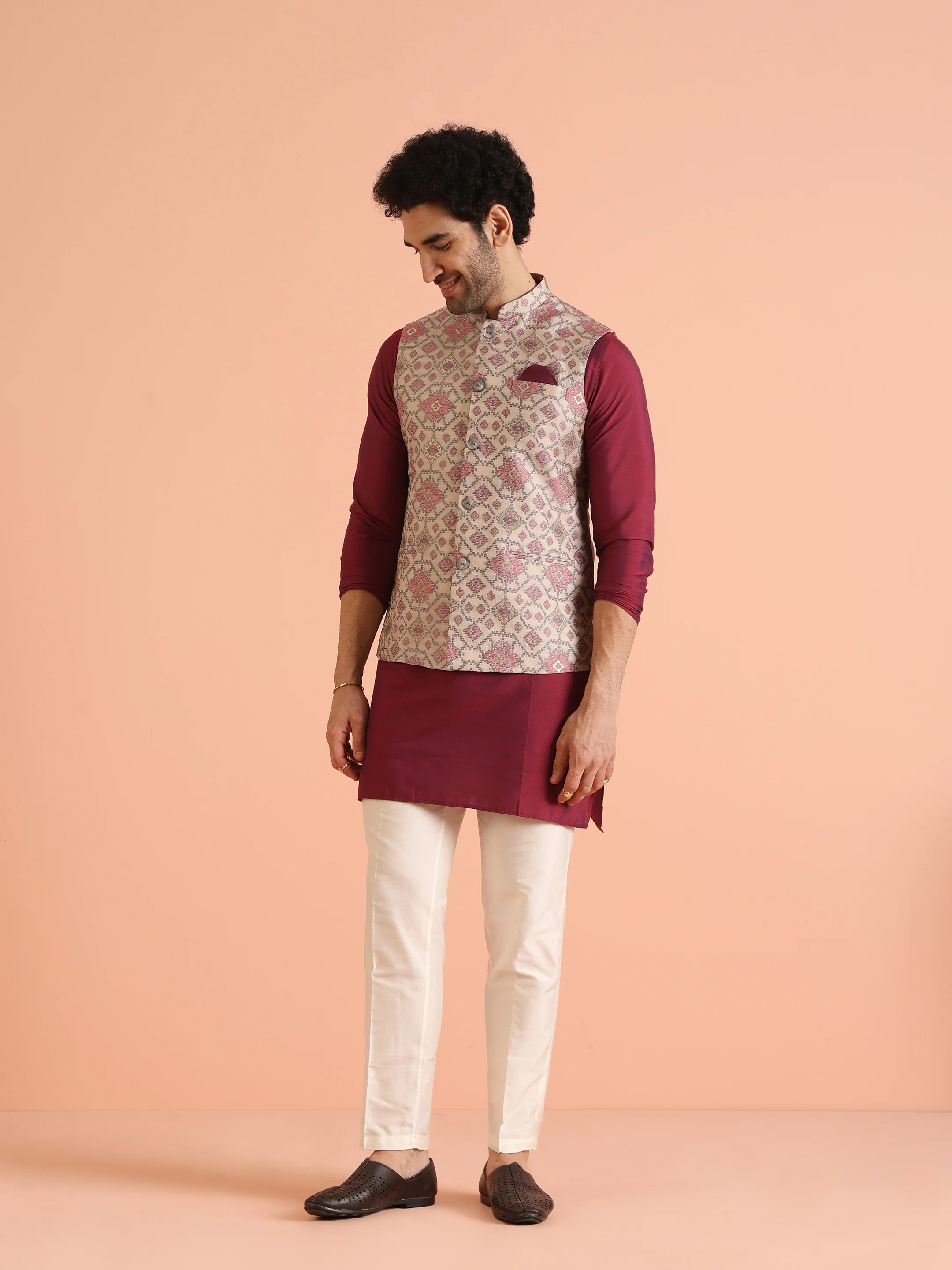Men Grey Printed Geometric Kurta Jacket Trouser Set - Image 7