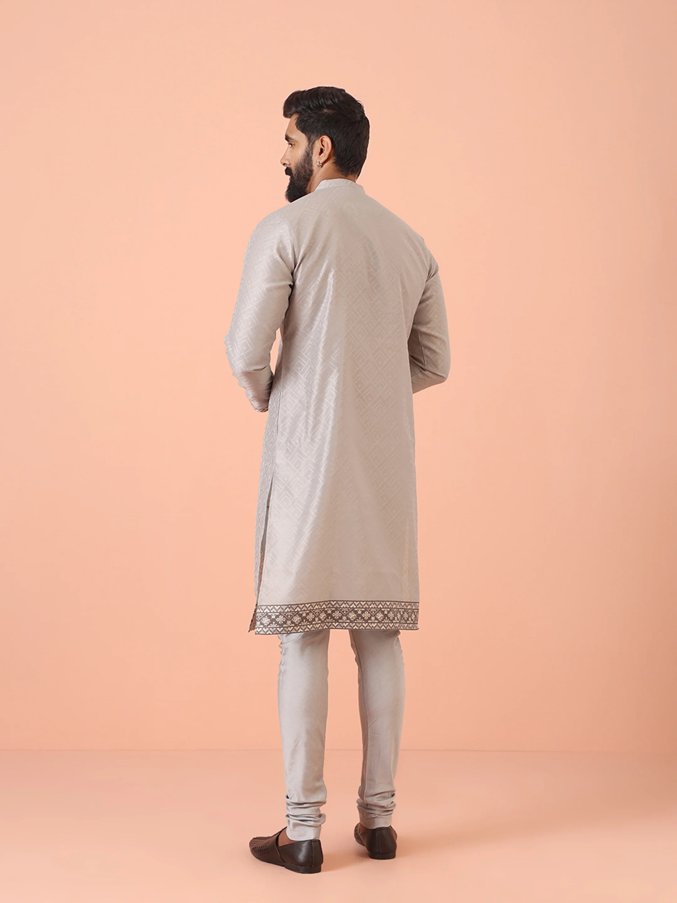 Men Grey Self Design Kurta Churidar Set - Image 4