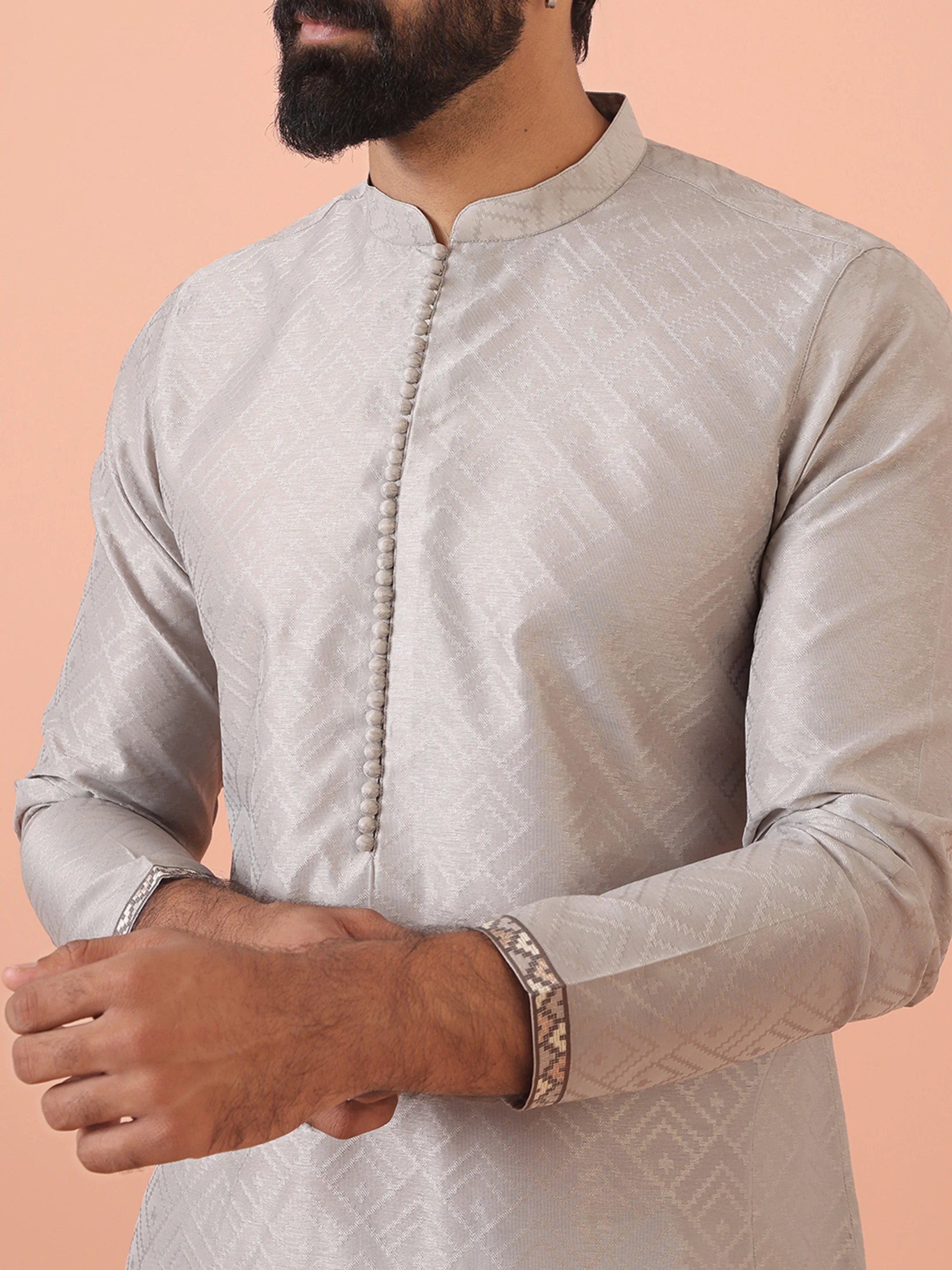 Men Grey Self Design Kurta Churidar Set - Image 5