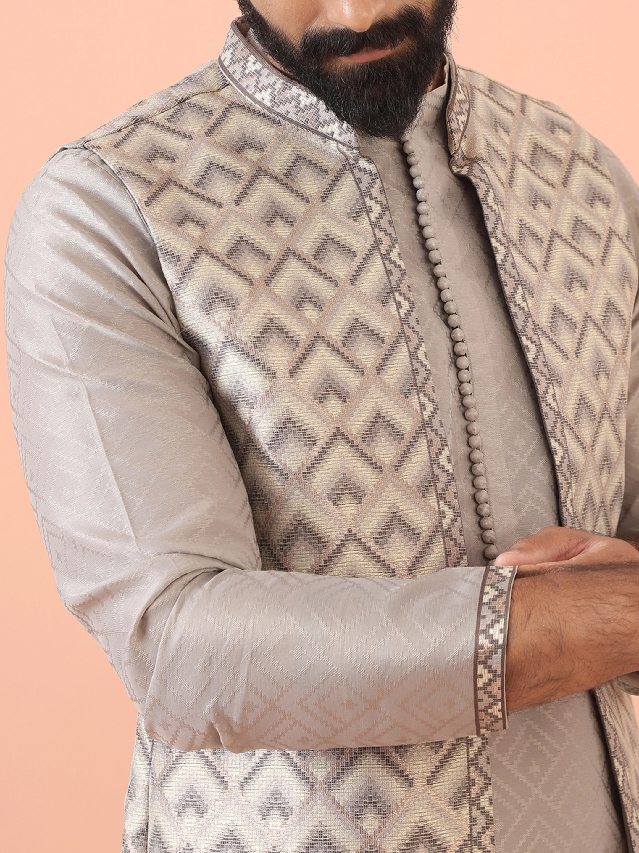 Sage Green Silk Blend Front Open Textured Jacket Set - Image 5