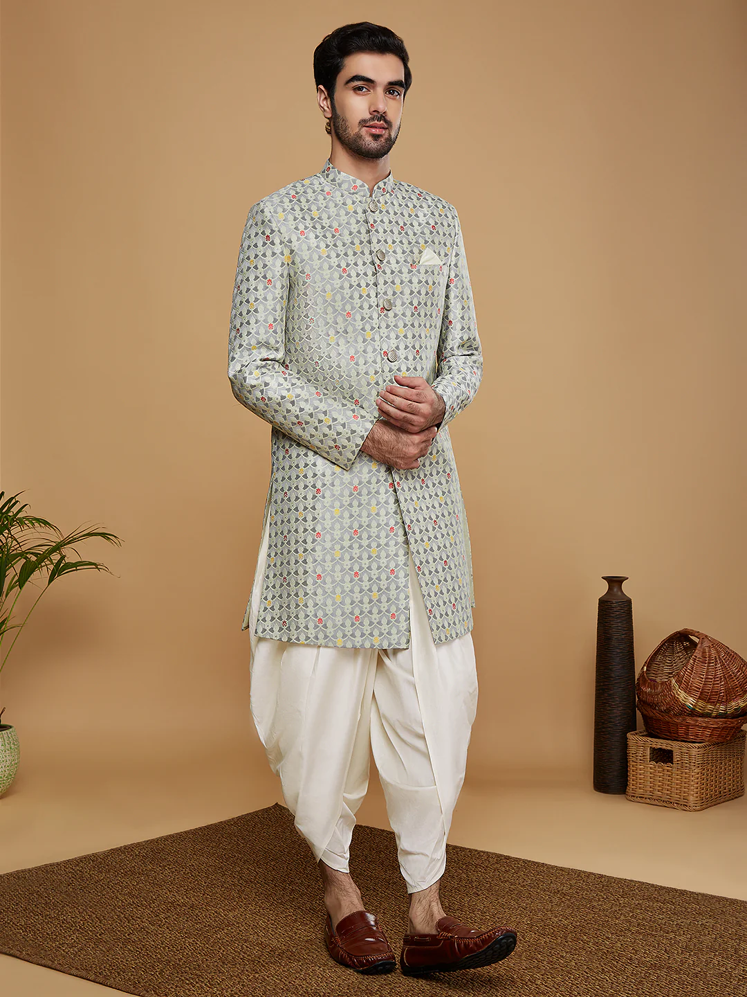 Men Grey Woven Design Indowestern Dhoti Set - Image 3