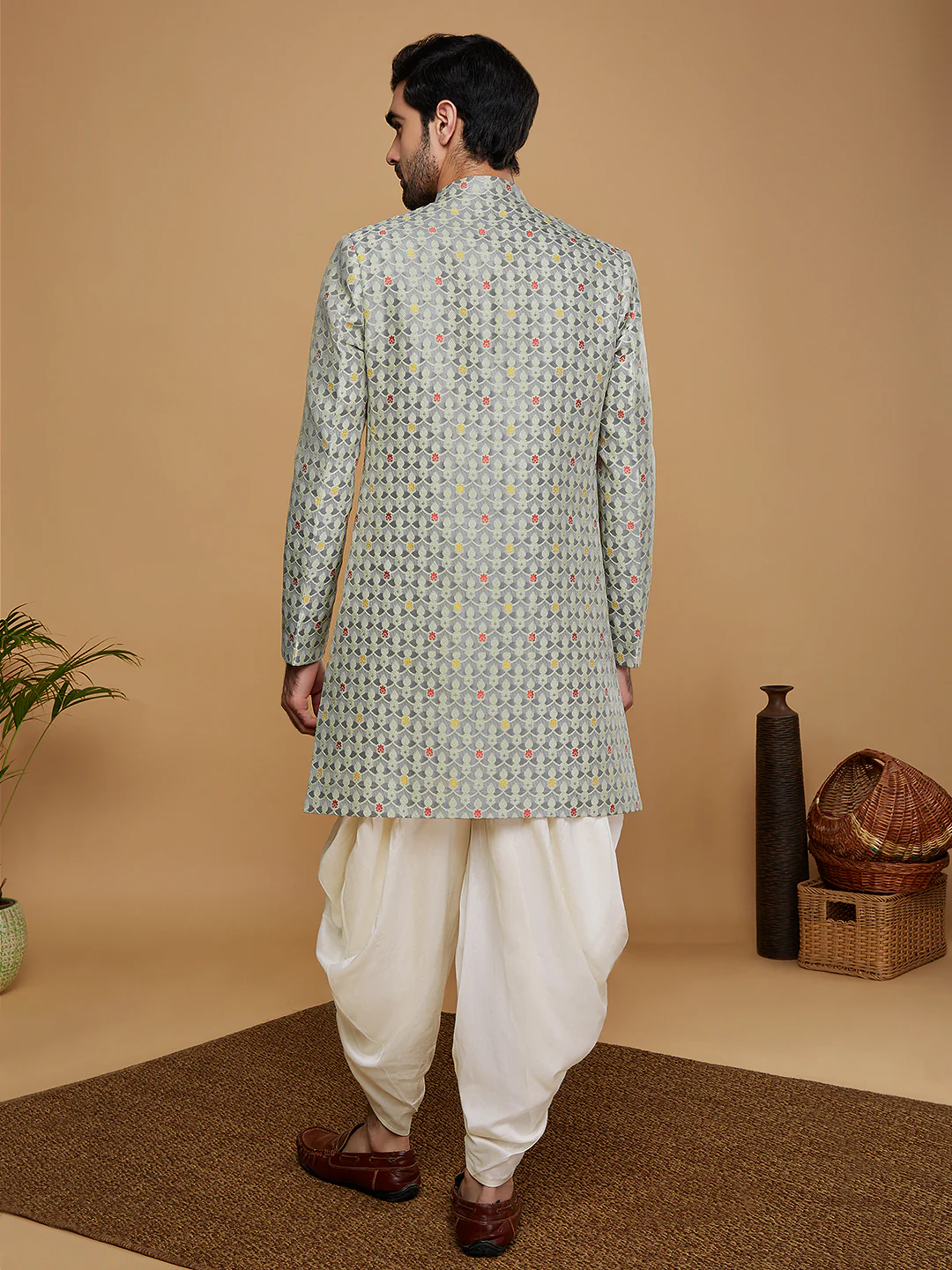 Men Grey Woven Design Indowestern Dhoti Set - Image 4