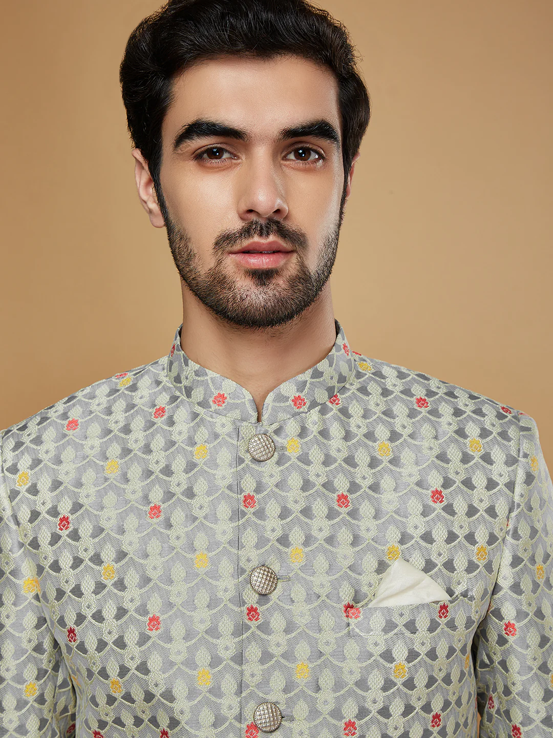 Men Grey Woven Design Indowestern Dhoti Set - Image 5