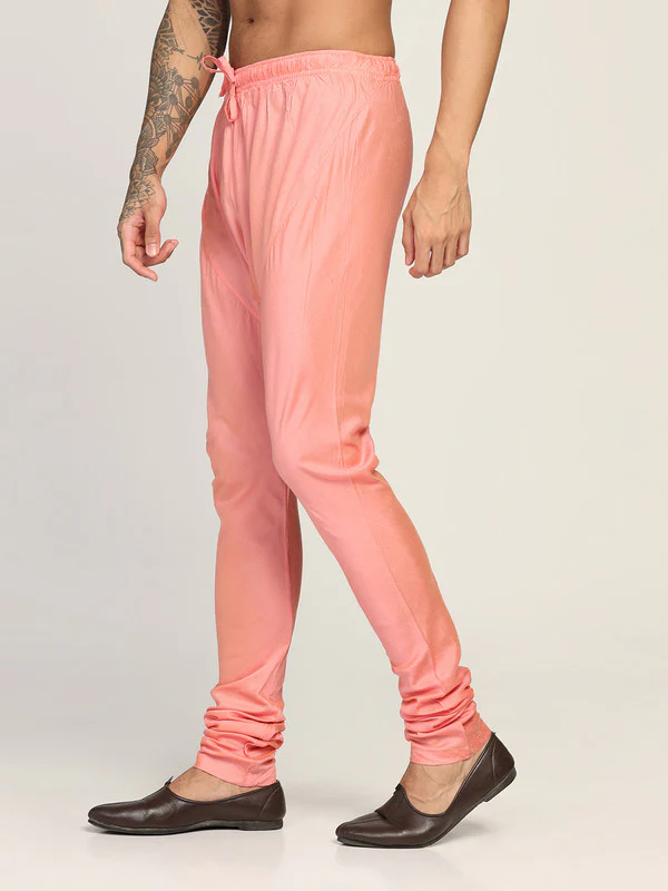 Peach Silk Blend Solid Drawstring Churidar - Image 3