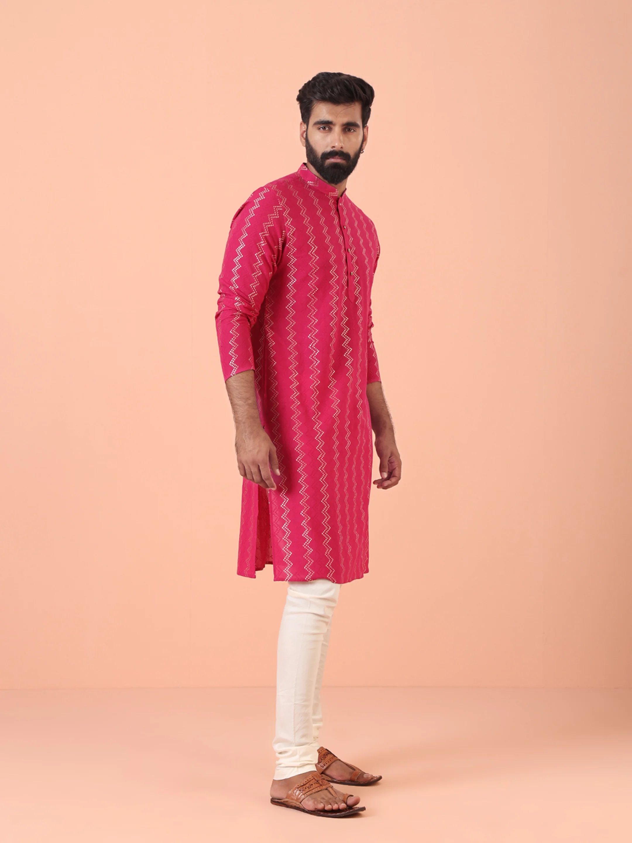 Pink Silk Blend Kurta Set with Metallic Jacquard Woven Design and Cream Churidar for Festive & Wedding Ensemble - Image 2