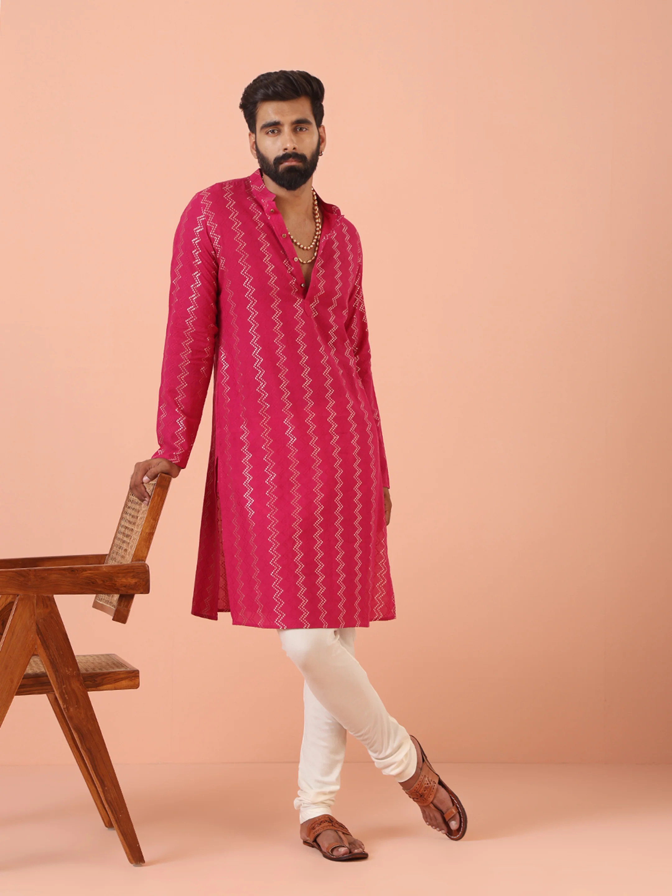 Pink Silk Blend Kurta Set with Metallic Jacquard Woven Design and Cream Churidar for Festive & Wedding Ensemble - Image 7