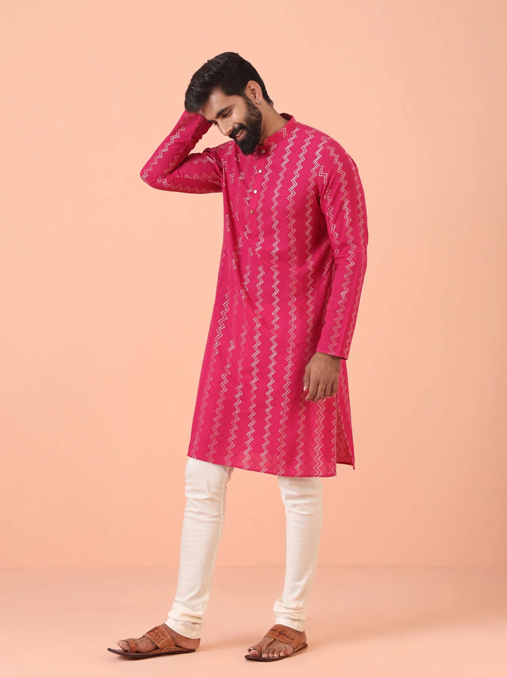 Pink Silk Blend Kurta with Metallic Jacquard Weave and Mandarin Collar - Image 3