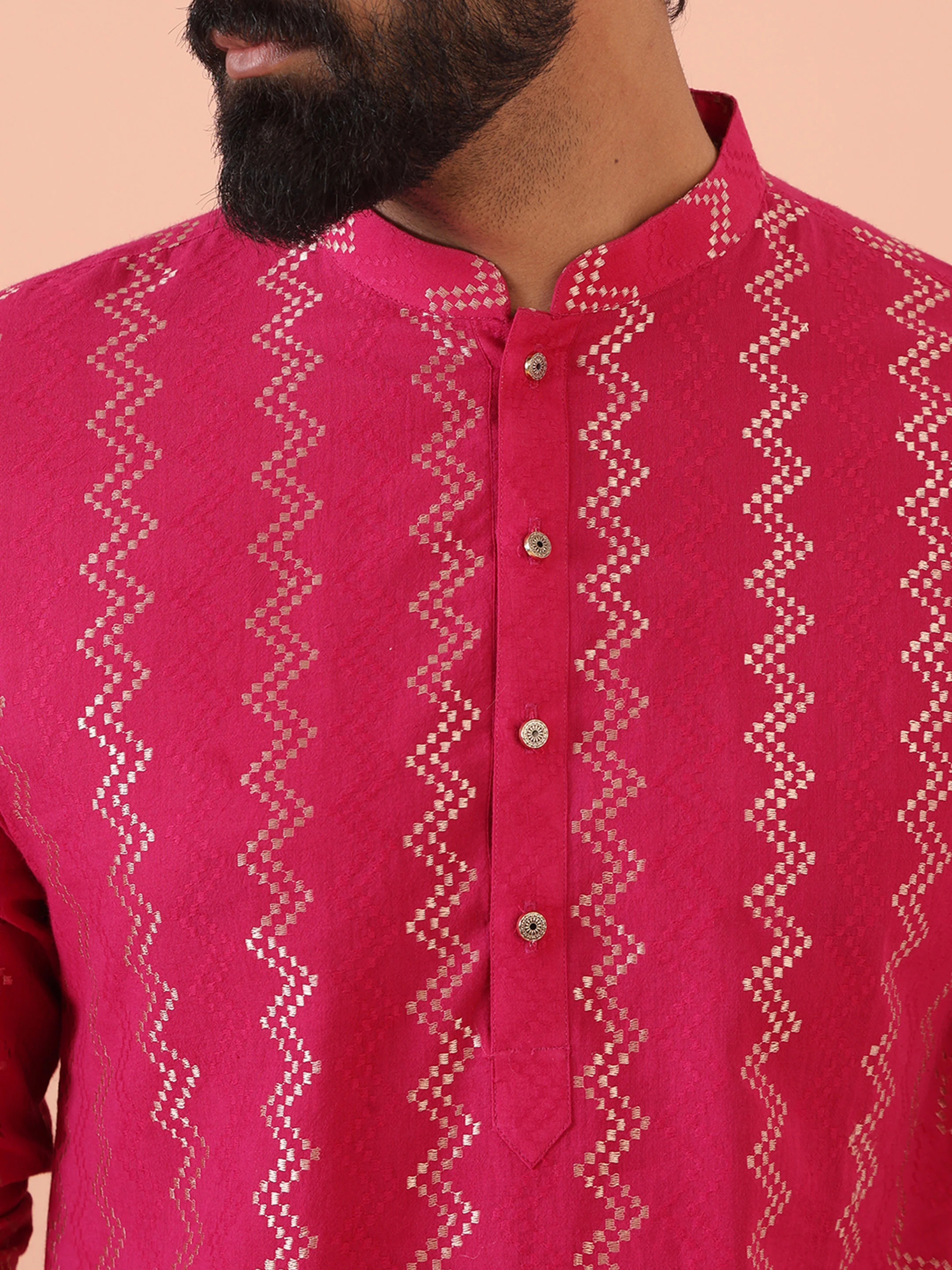 Pink Silk Blend Kurta with Metallic Jacquard Weave and Mandarin Collar - Image 5