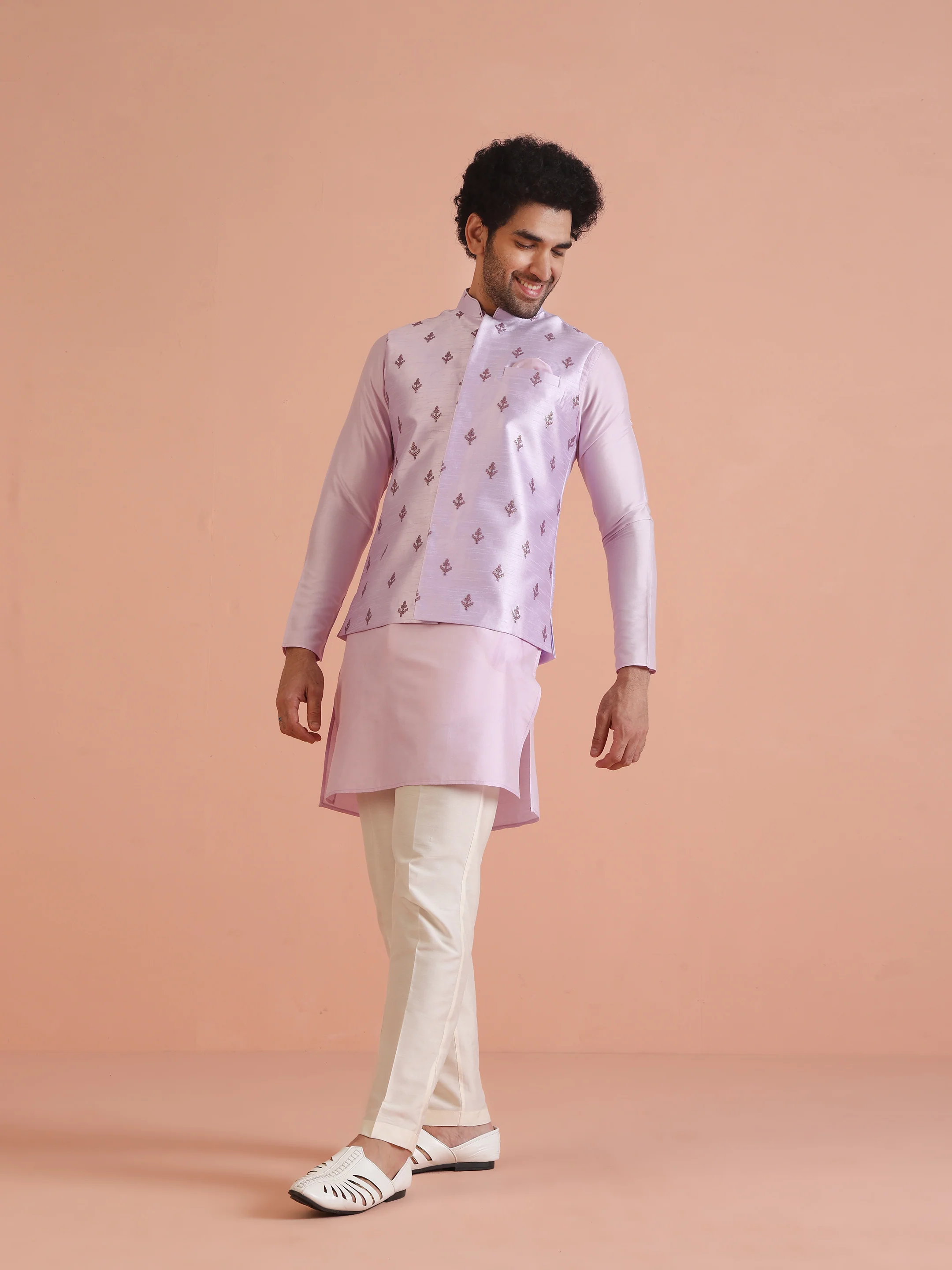 Lilac Embroidered Silk Blend Nehru Jacket Kurta Trouser Set - Image 3