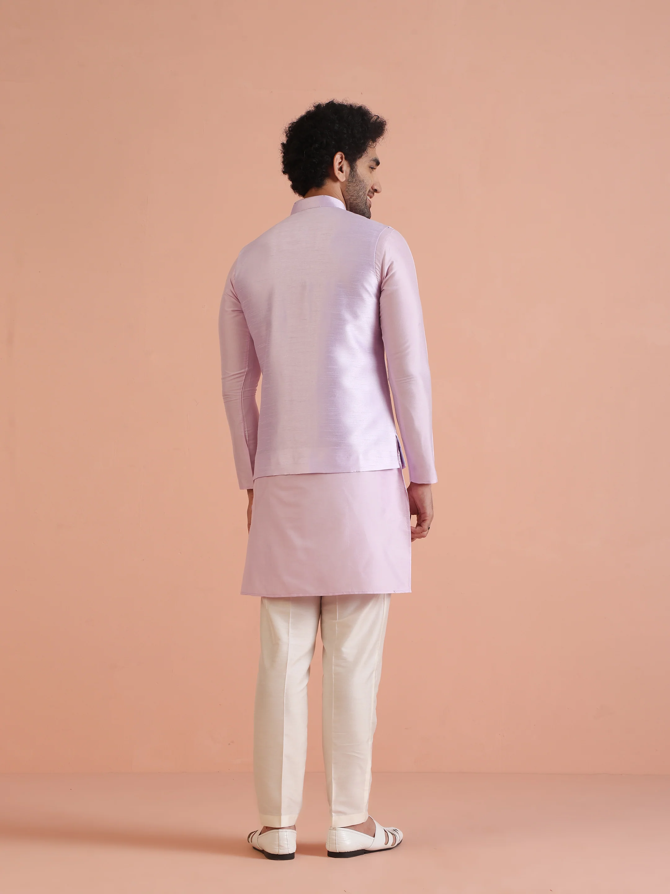 Lilac Embroidered Silk Blend Nehru Jacket Kurta Trouser Set - Image 4