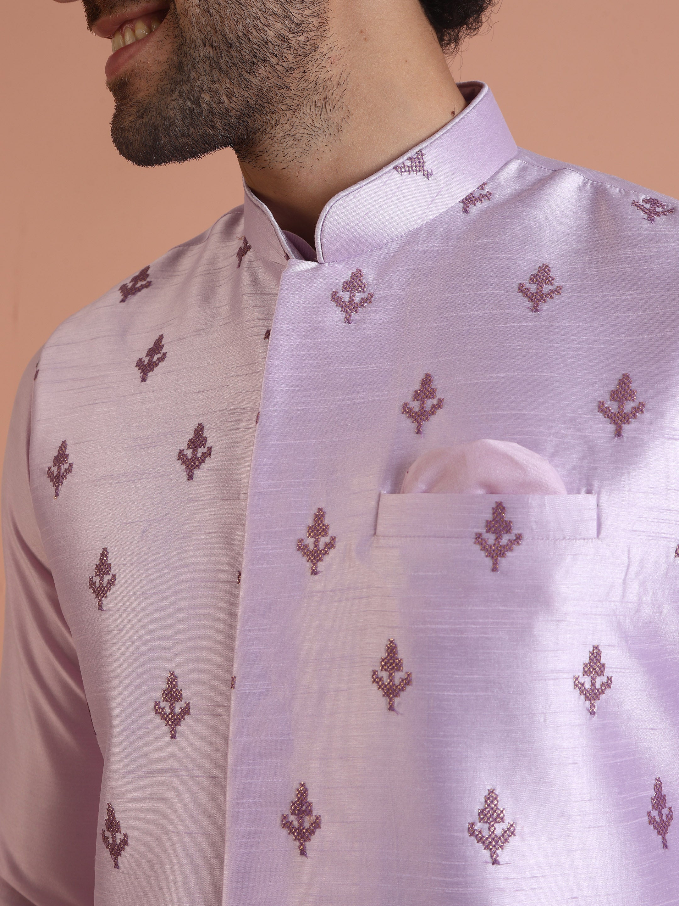 Lilac Embroidered Silk Blend Nehru Jacket Kurta Trouser Set - Image 5