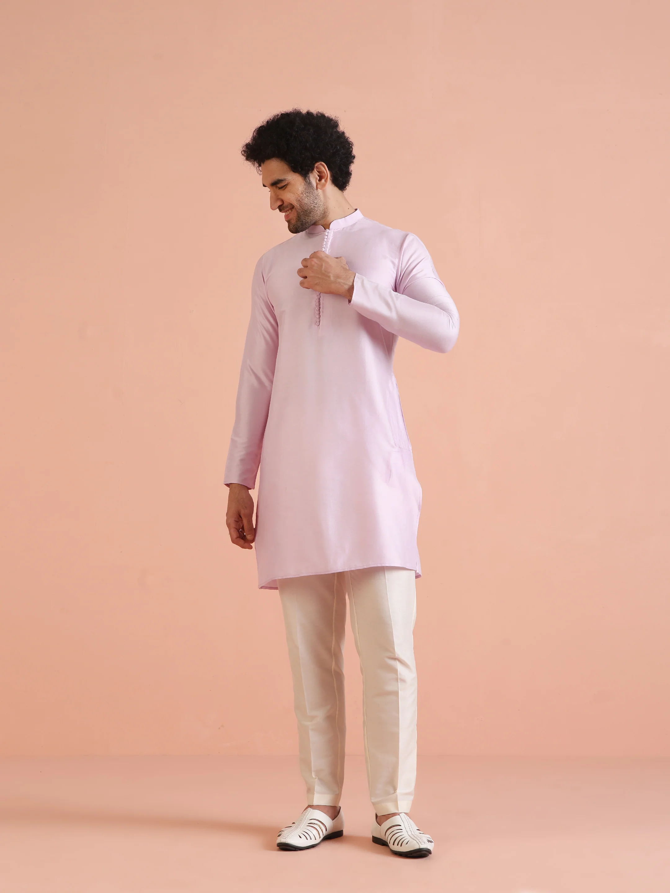 Lilac Embroidered Silk Blend Nehru Jacket Kurta Trouser Set - Image 6