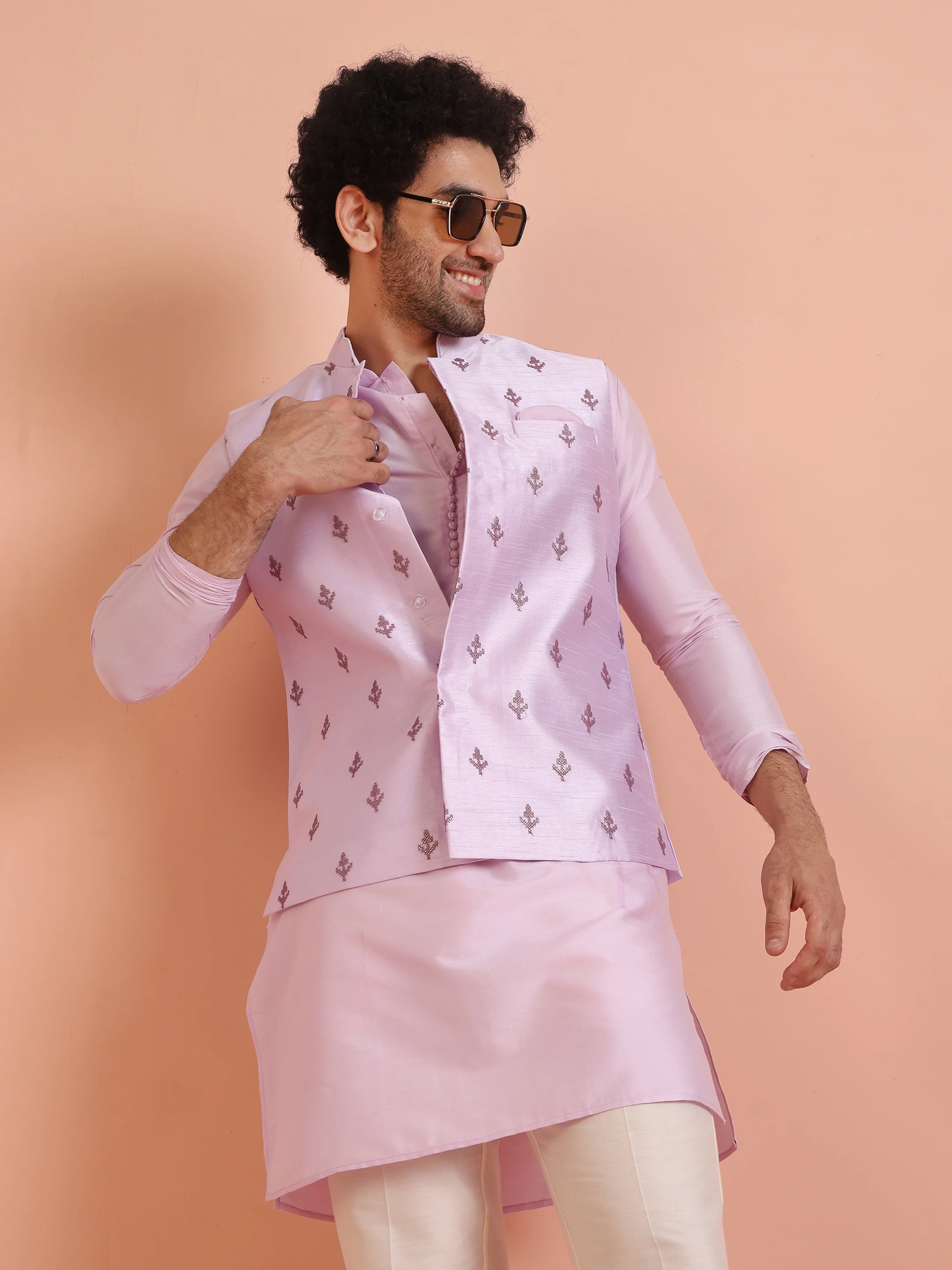 Lilac Embroidered Silk Blend Nehru Jacket Kurta Trouser Set - Image 7
