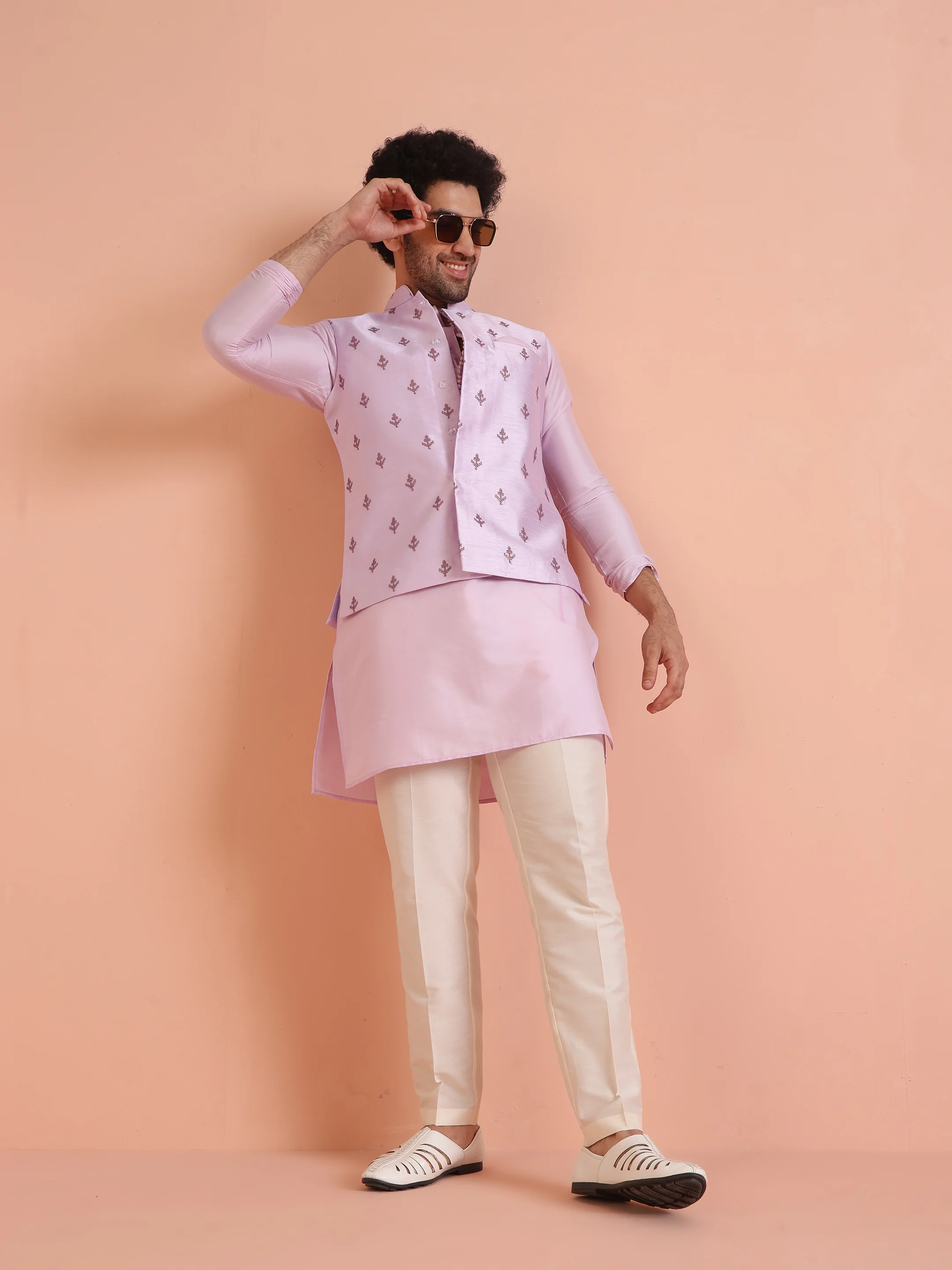 Lilac Embroidered Silk Blend Nehru Jacket Kurta Trouser Set - Image 8