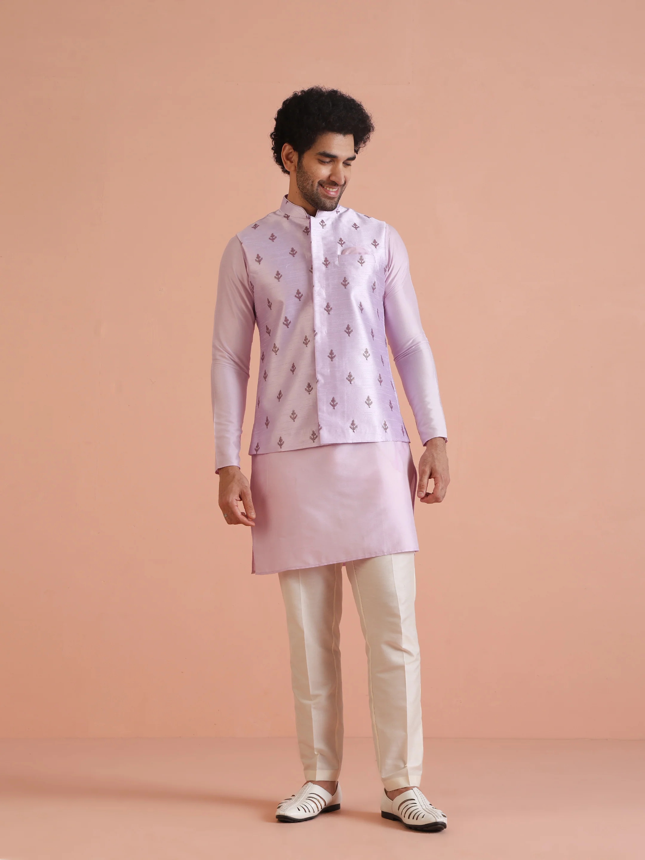 Lilac Embroidered Silk Blend Nehru Jacket Kurta Trouser Set - Image 9