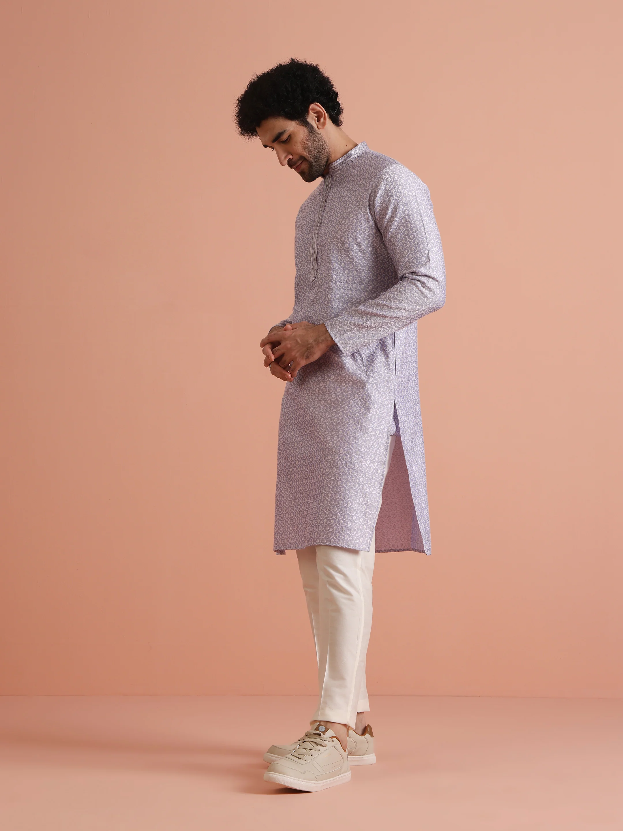 Lavender Printed Silk Blend Kurta - Image 3