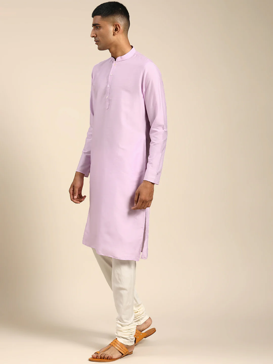 Men Lavender Solid Dyed Kurta - Image 2