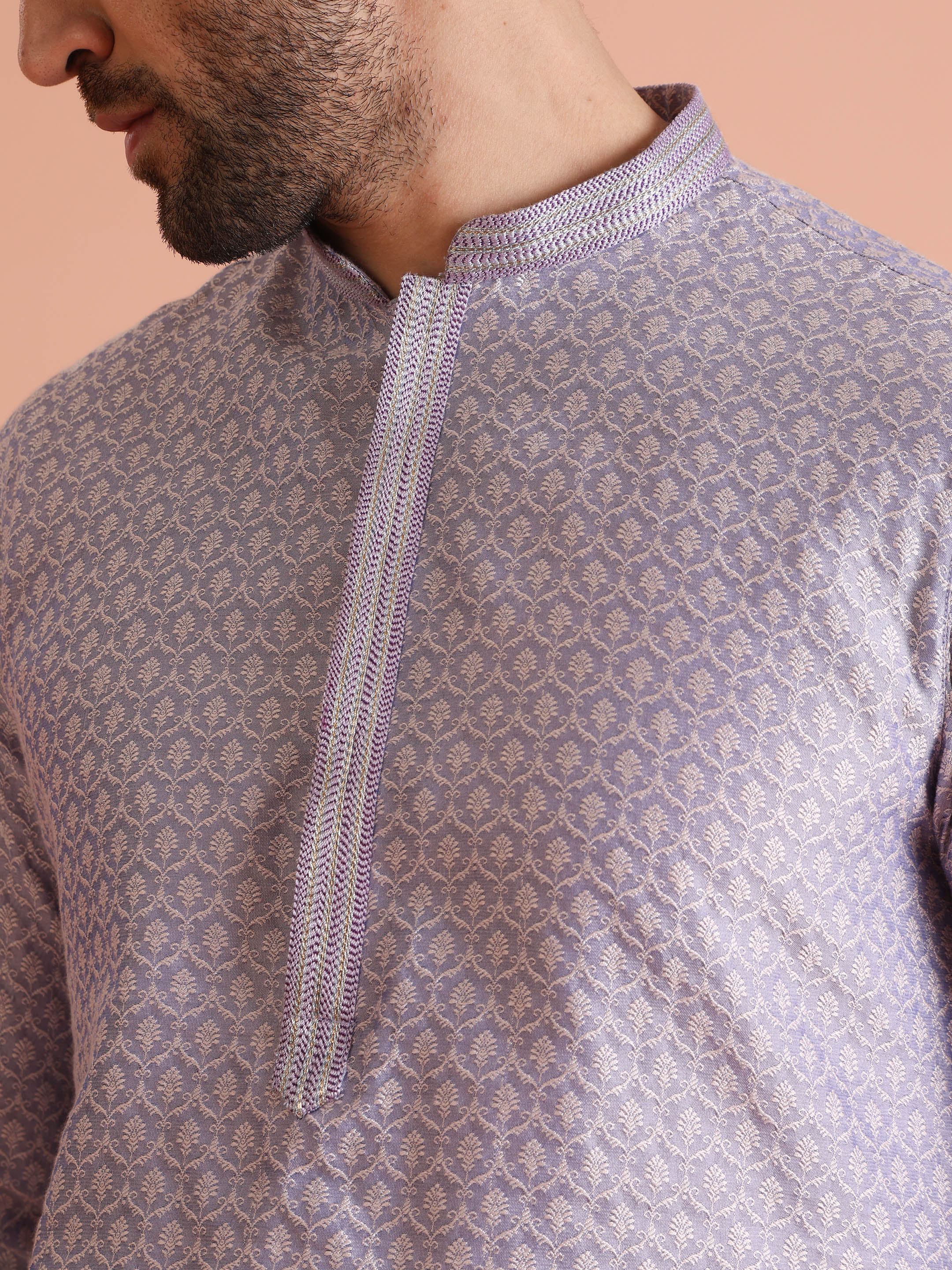 Lilac Jacquard Kurta with Cream Trouser Set - Image 2