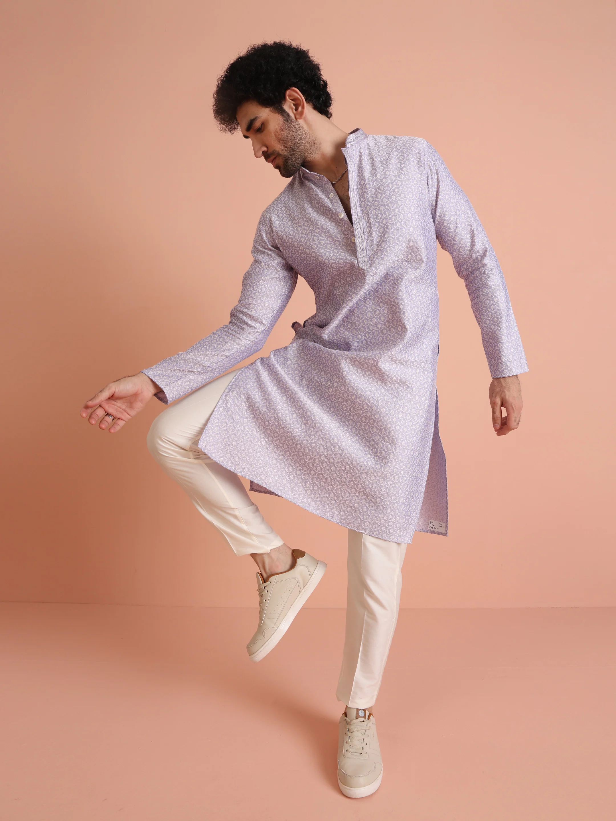 Lilac Jacquard Kurta with Cream Trouser Set - Image 6