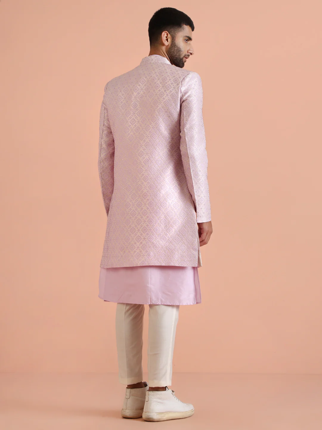 Lilac Cotton Silk Printed Sherwani Kurta Trouser Set - Image 4