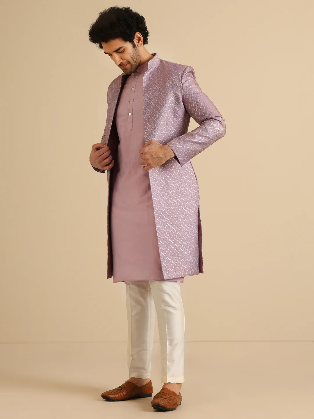 Men Lilac Textured Open Kurta Indowestern Trouser Set - Image 2