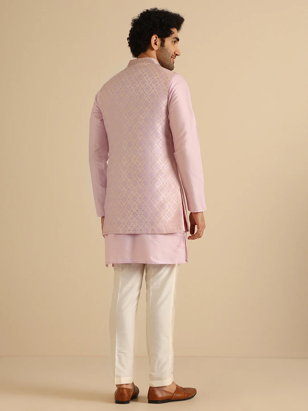 Lilac Silk Blend Textured Jacket Kurta Trouser Set - Image 4