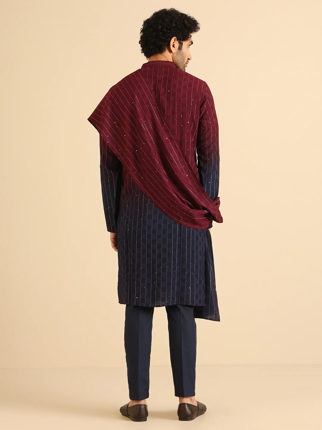 Maroon Navy Ombre Silk Kurta Trouser Dupatta - Image 4