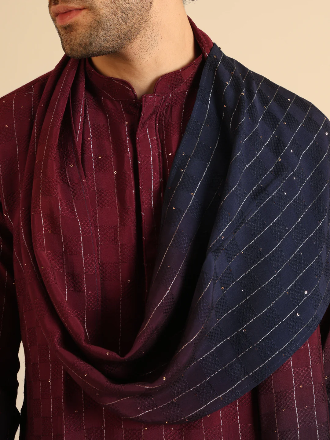 Maroon Navy Ombre Silk Kurta Trouser Dupatta - Image 5