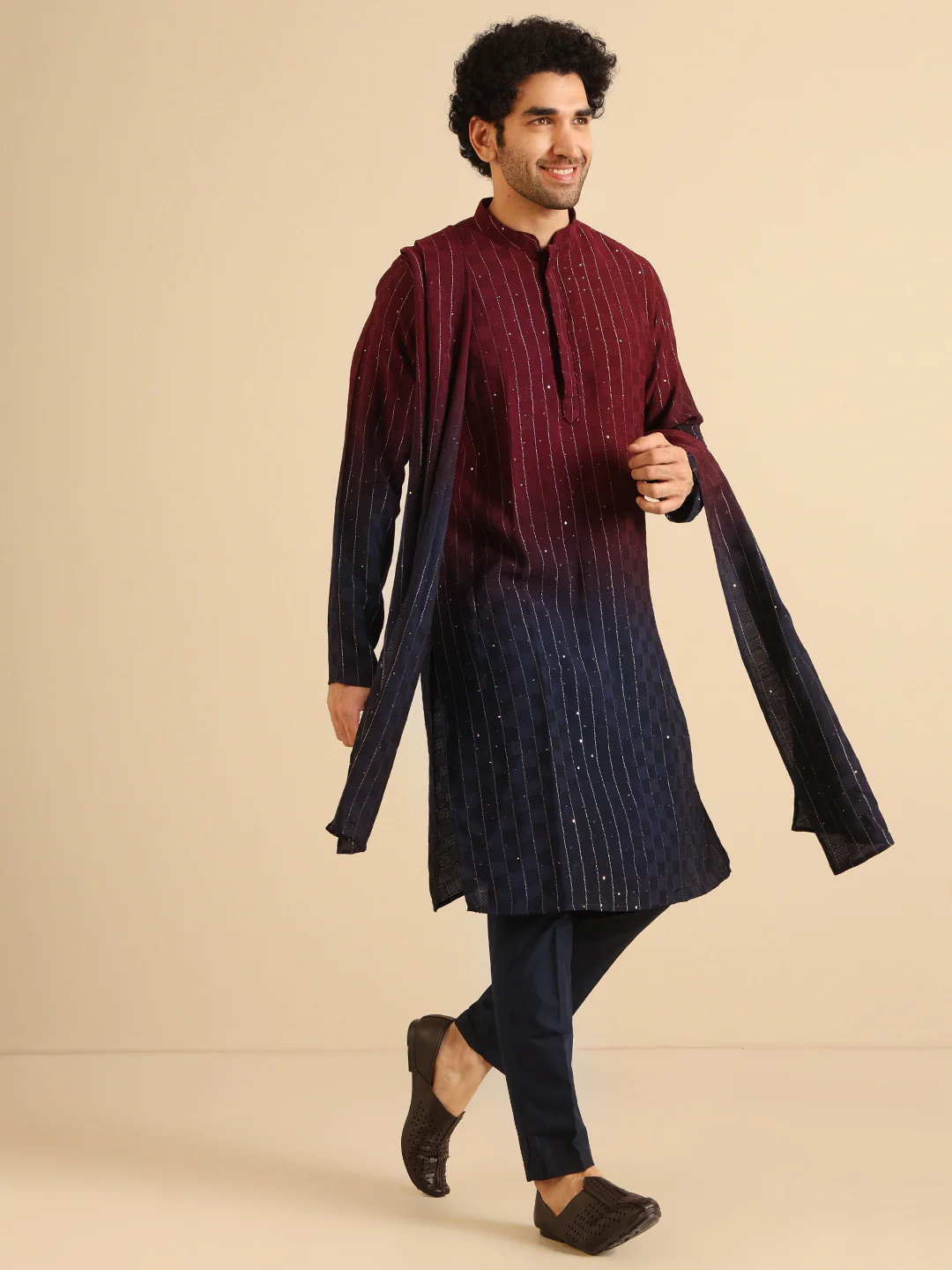 Maroon Navy Ombre Silk Kurta Trouser Dupatta - Image 7
