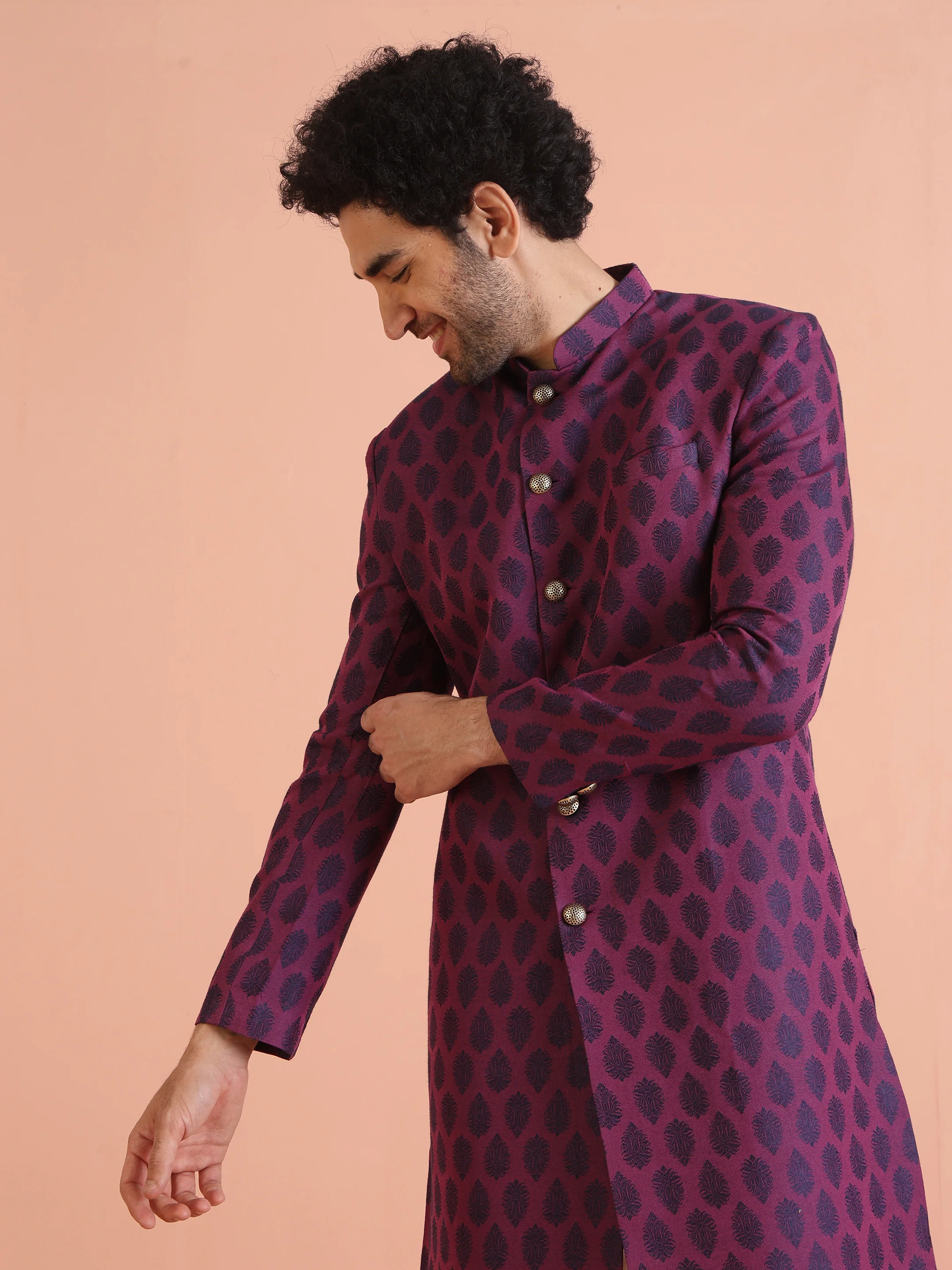 Wine Printed Sherwani Trouser Set - Image 6