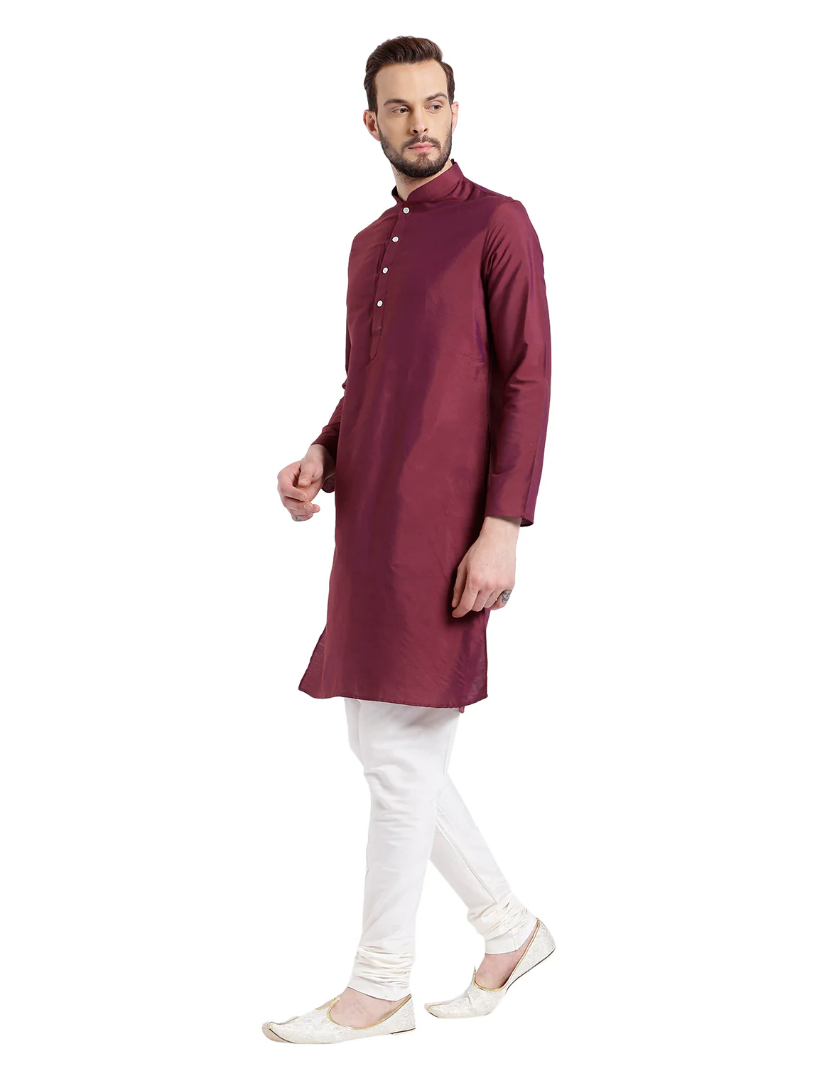 Maroon Cotton Silk Solid Kurta Churidar Set - Image 2