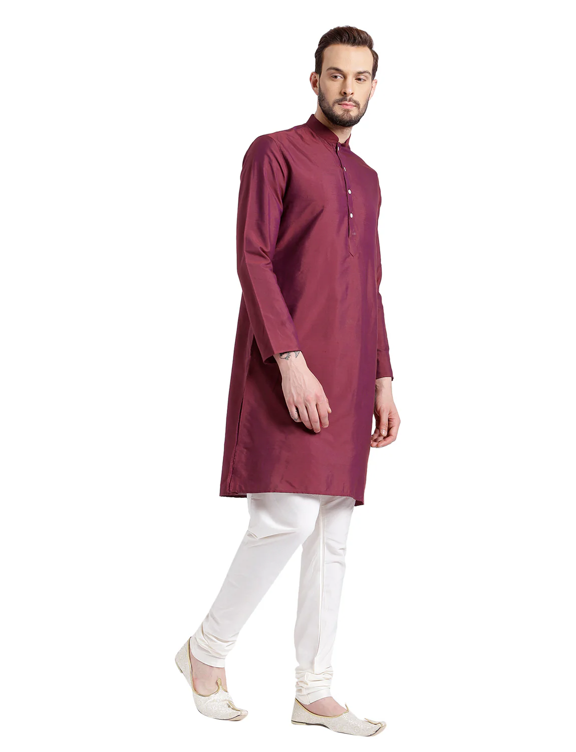 Maroon Cotton Silk Solid Kurta Churidar Set - Image 3