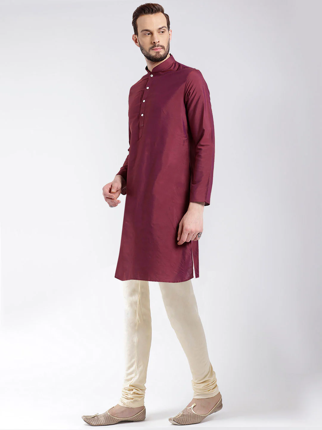 Wine Cotton Silk Solid Kurta Churidar Set - Image 2