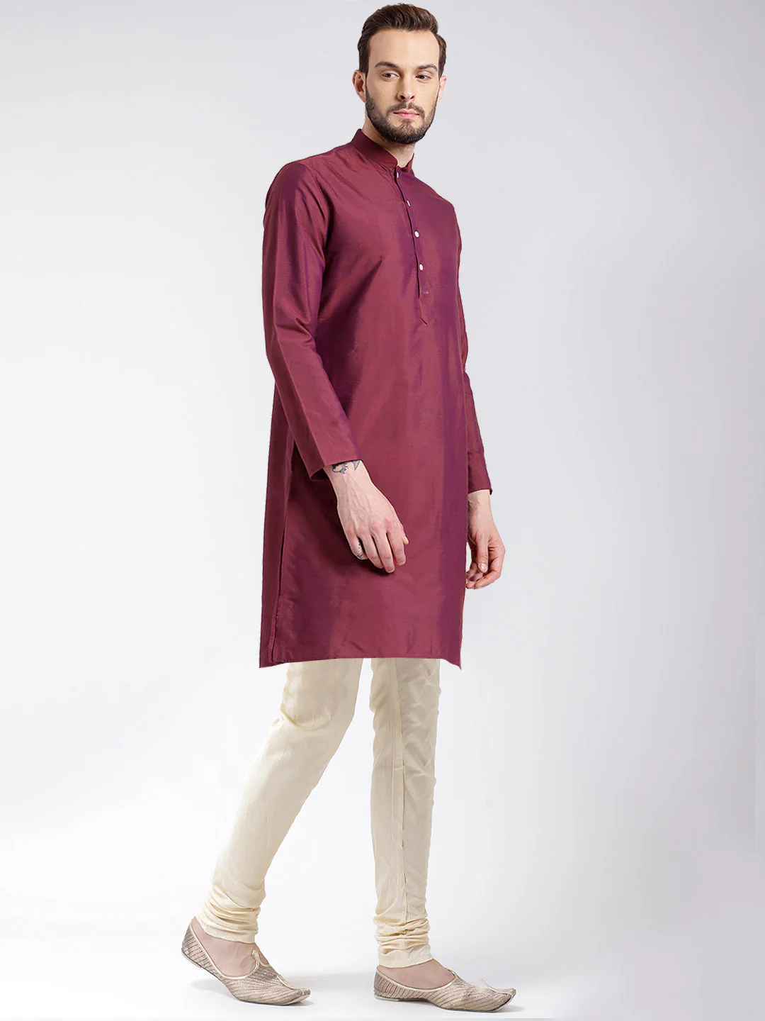 Wine Cotton Silk Solid Kurta Churidar Set - Image 3