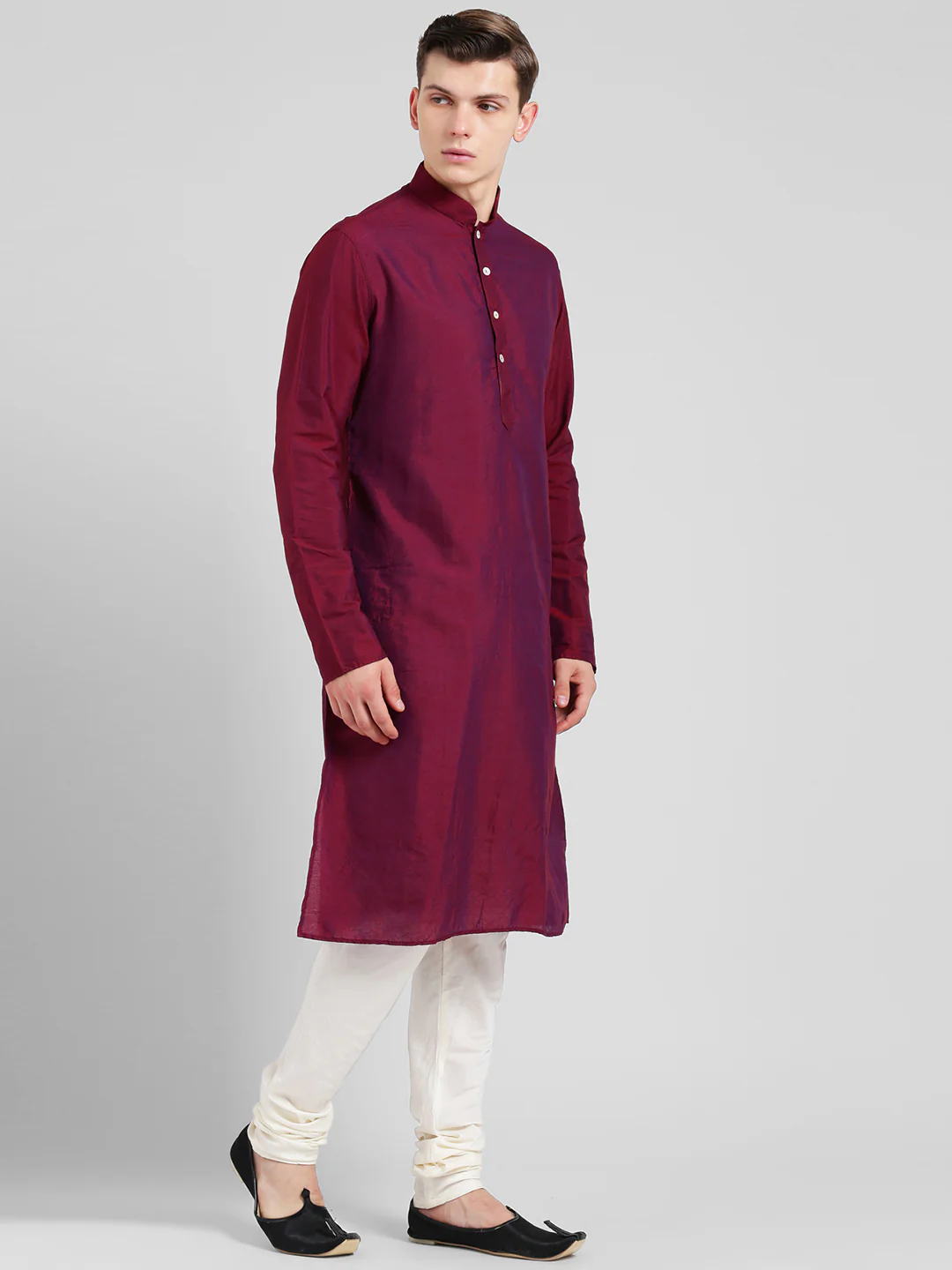 Magenta Cotton Silk Solid Kurta Churidar Set - Image 2