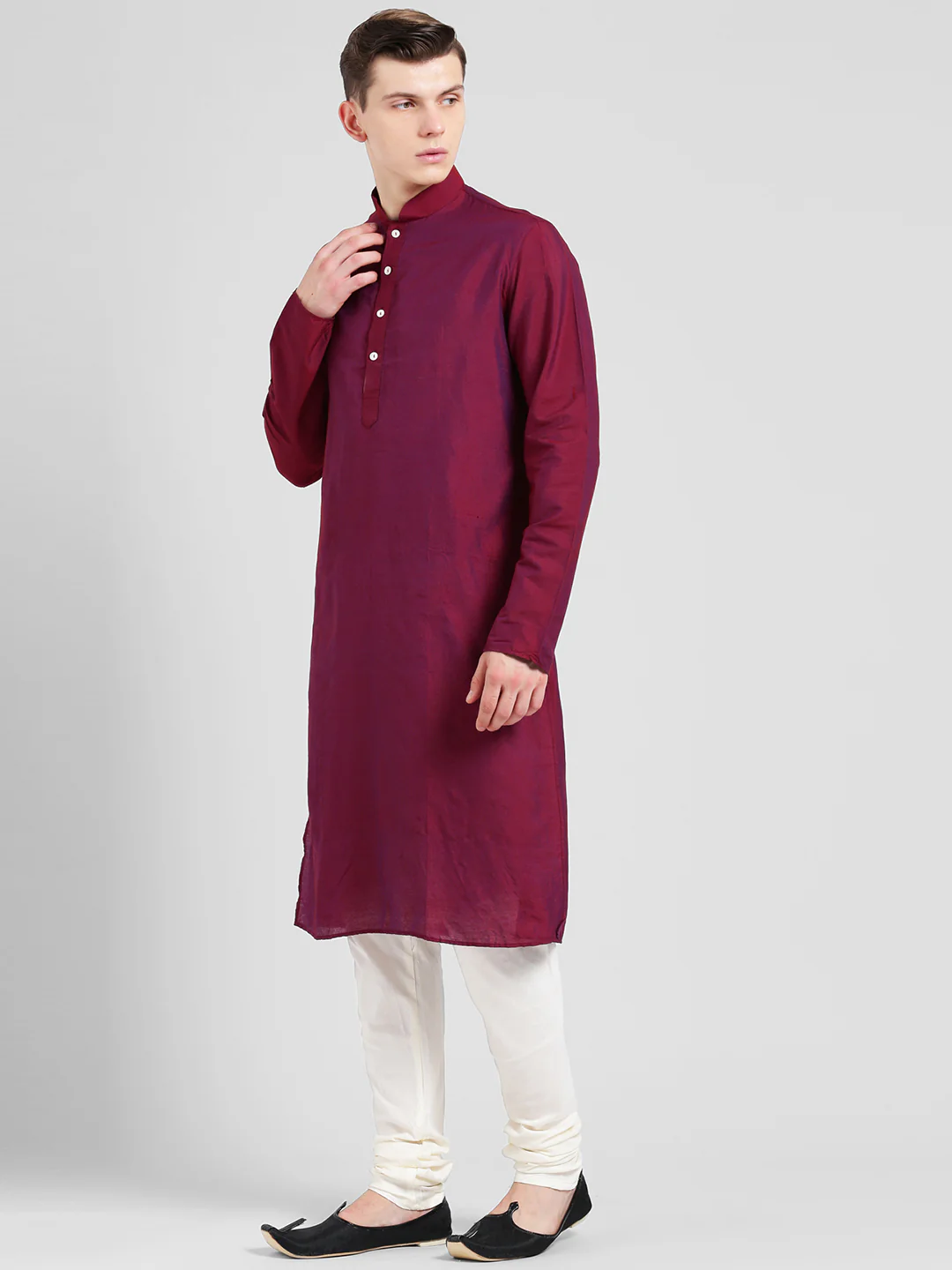 Magenta Cotton Silk Solid Kurta Churidar Set - Image 3