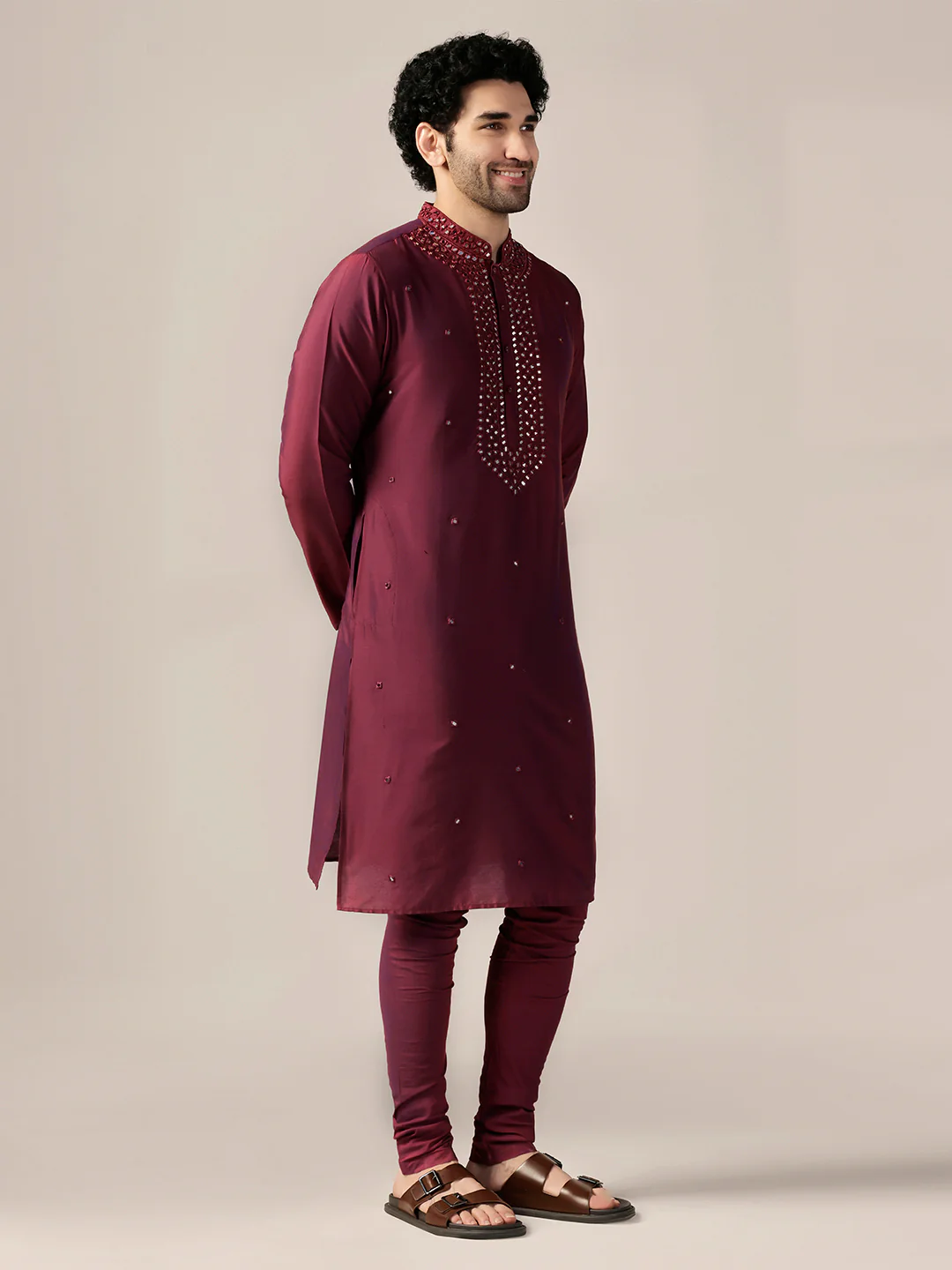 Wine Embroidered Kurta Set - Image 2