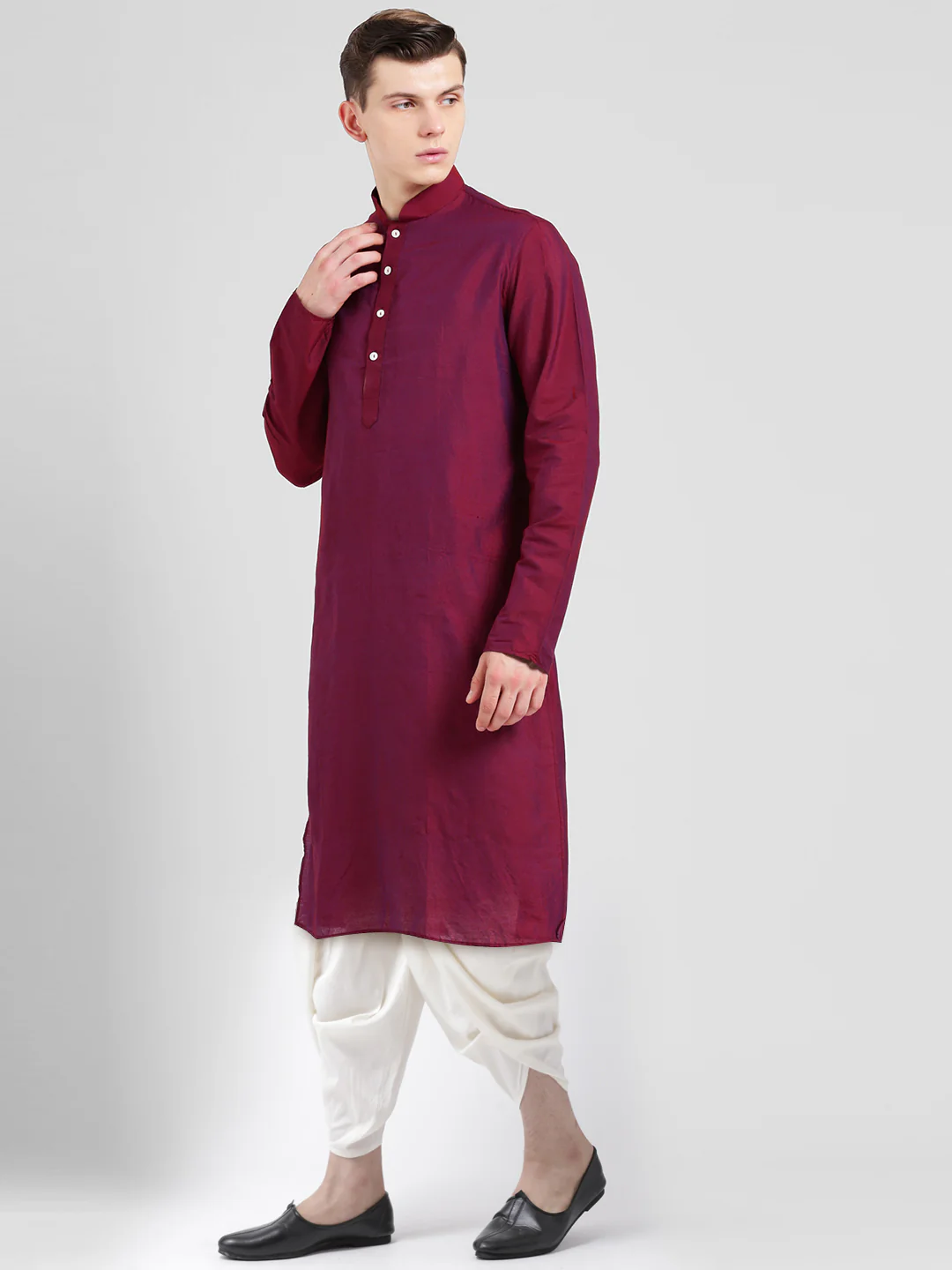 Magenta Cotton Silk Kurta Dhoti Set â€“ Solid Ethnic Outfit â€“ Traditional Festive Wear - Image 3