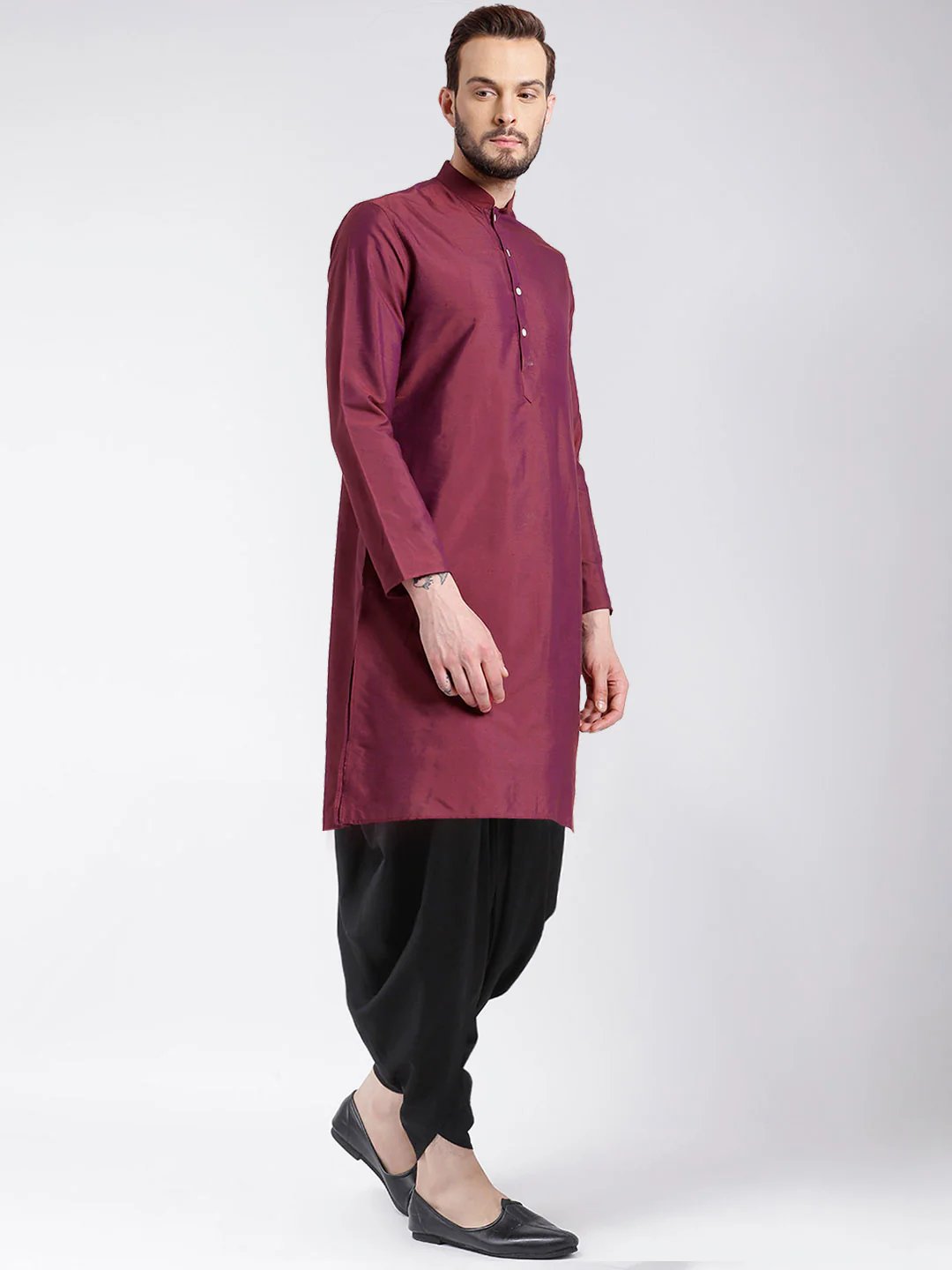 Wine Cotton Silk Solid Kurta Dhoti Set - Image 3