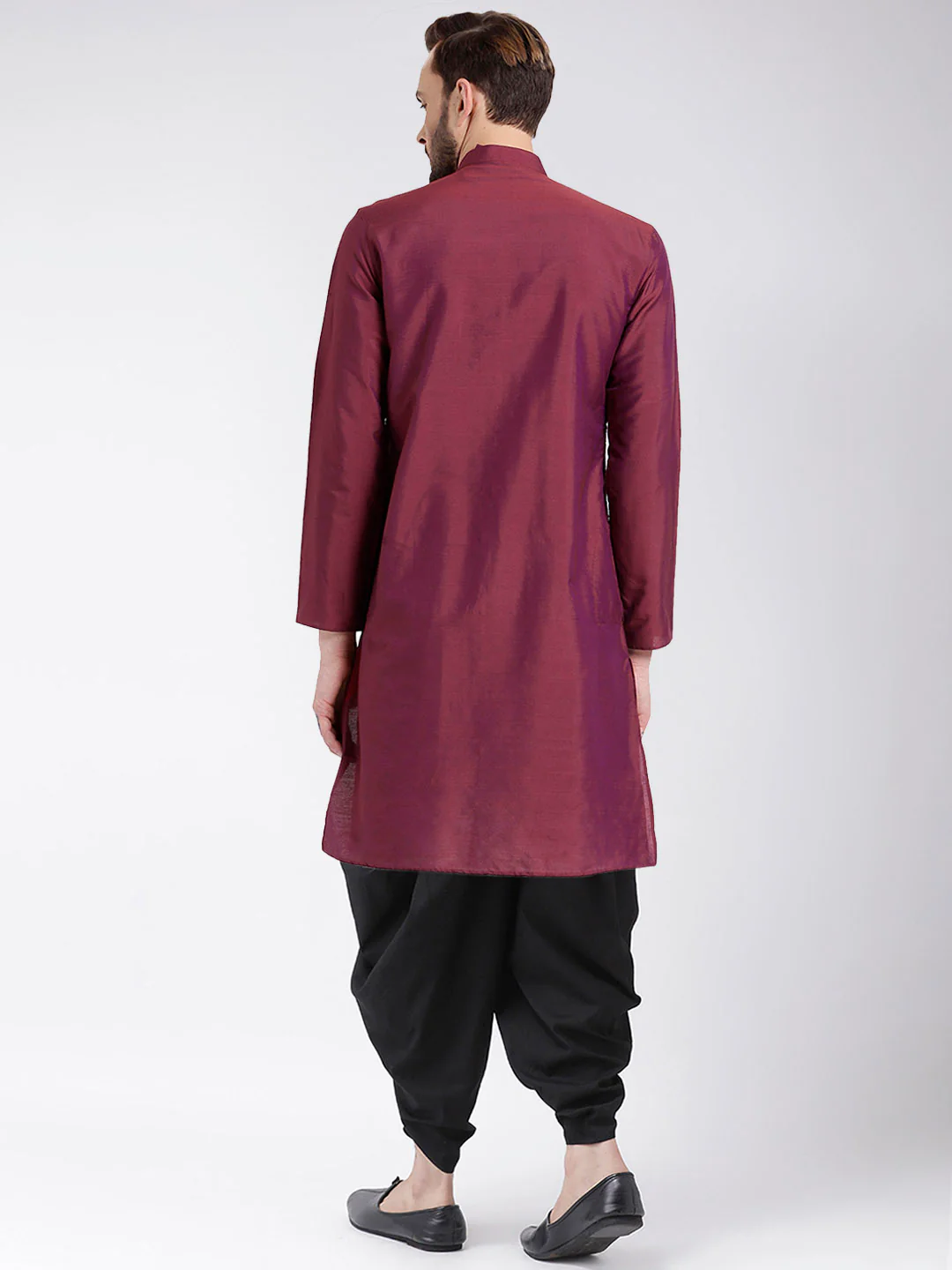 Wine Cotton Silk Solid Kurta Dhoti Set - Image 4