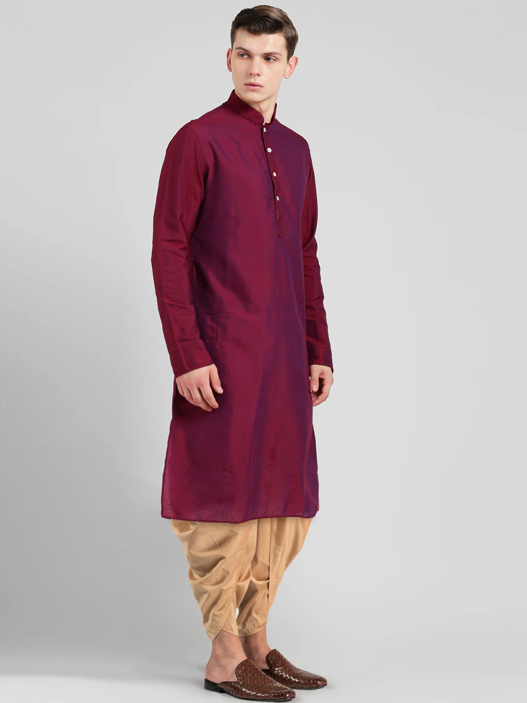 Maroon Silk Blend Solid Kurta Beige Dhoti - Image 2