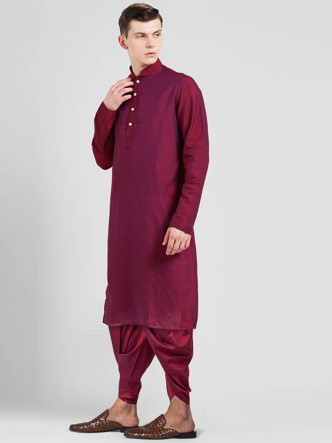 Maroon Cotton Silk Kurta Dhoti Set - Image 3