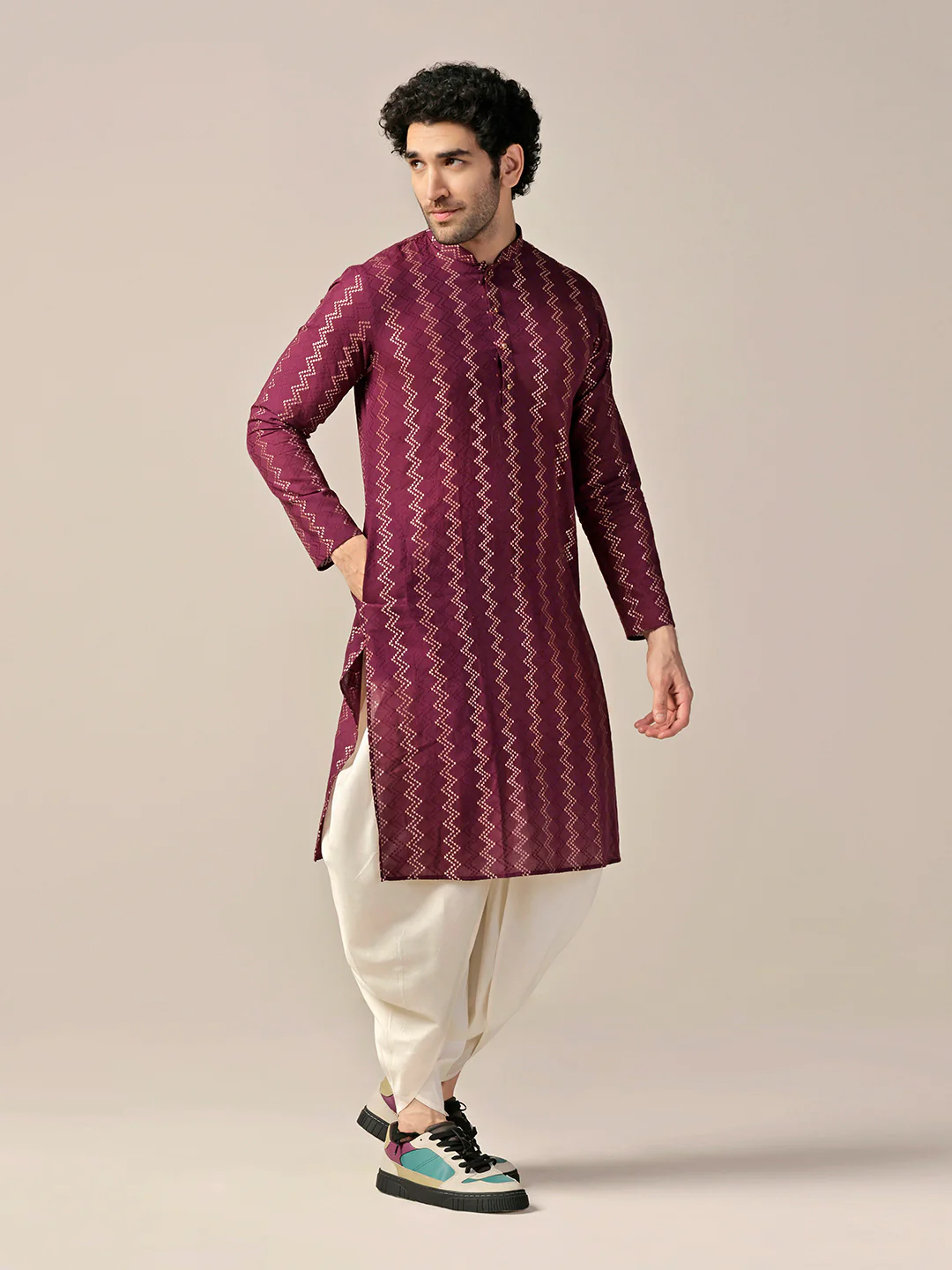 Men Magenta Kurta Dhoti Set - Image 2