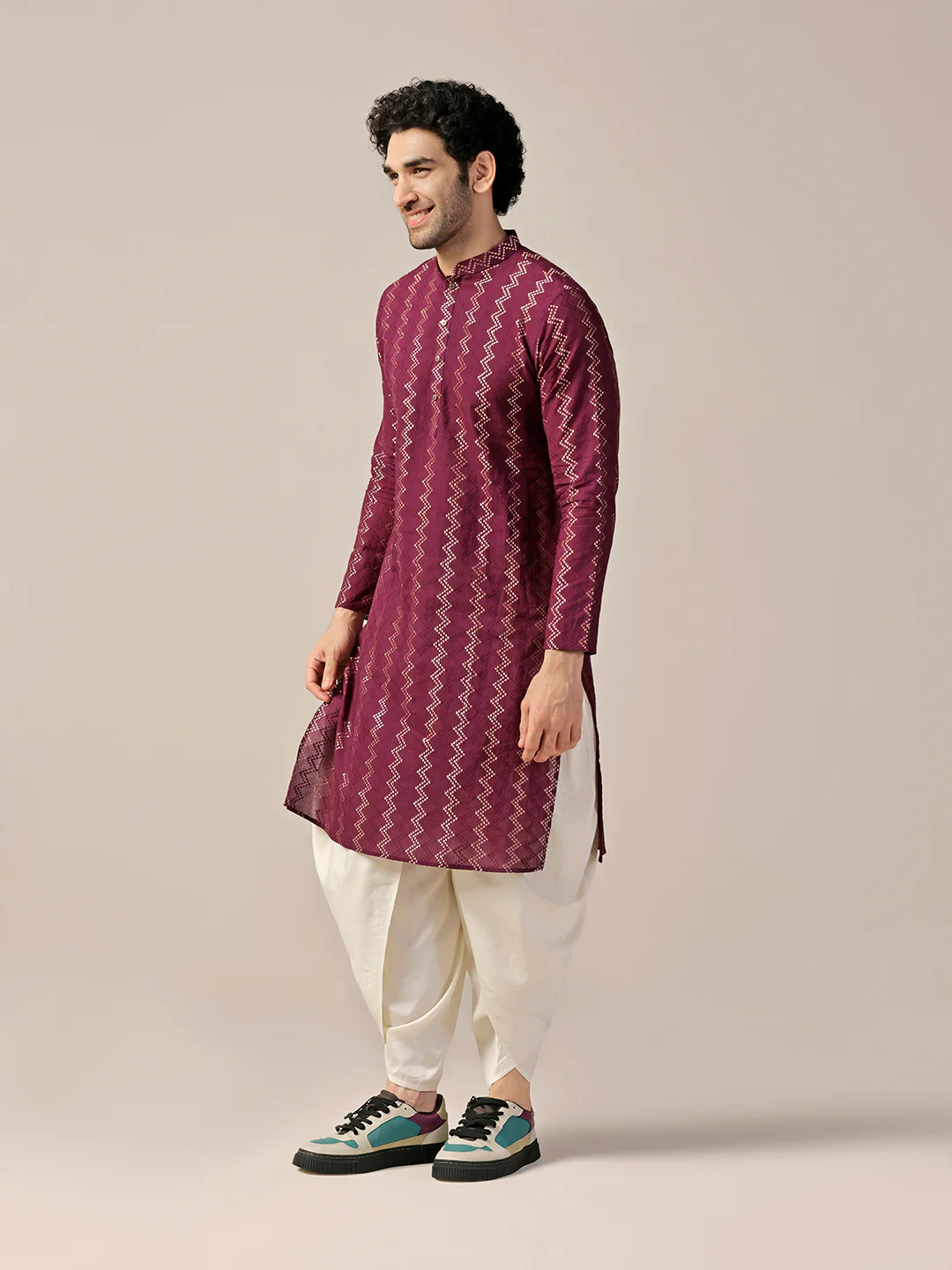 Men Magenta Kurta Dhoti Set - Image 3