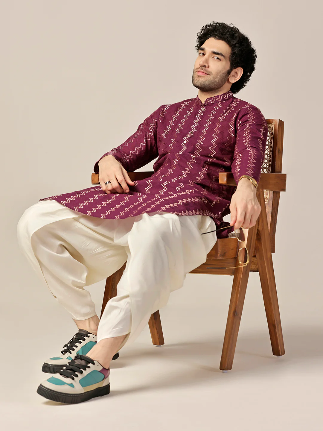 Men Magenta Kurta Dhoti Set - Image 7