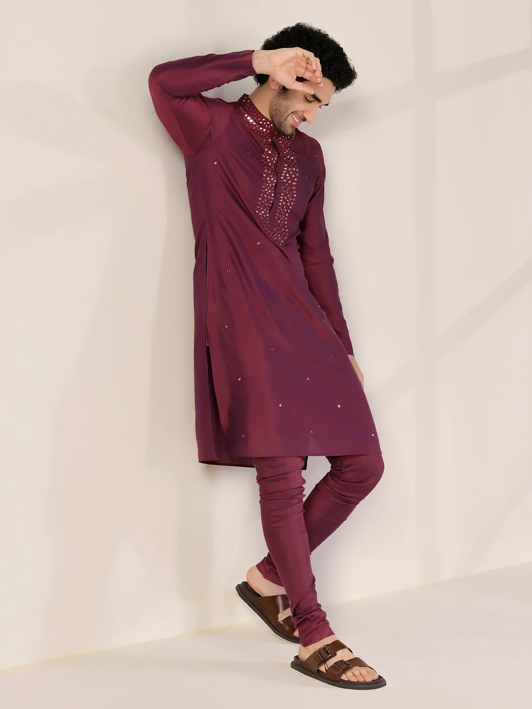 Maroon Silk Blend Embroidered Long Kurta - Image 6